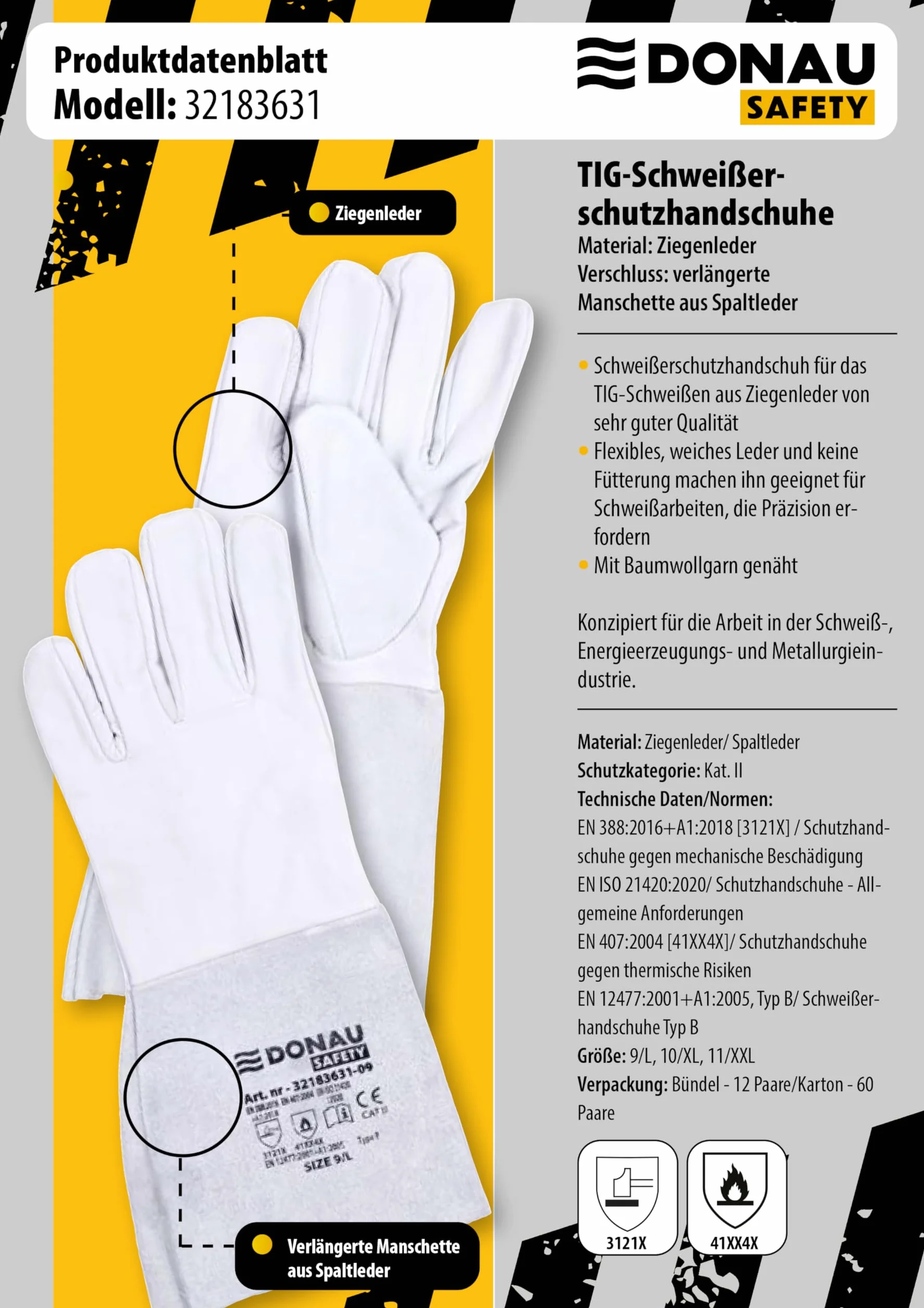 DONAU SAFETY Guante de soldador piel de cabra TIG talla 9 1 par