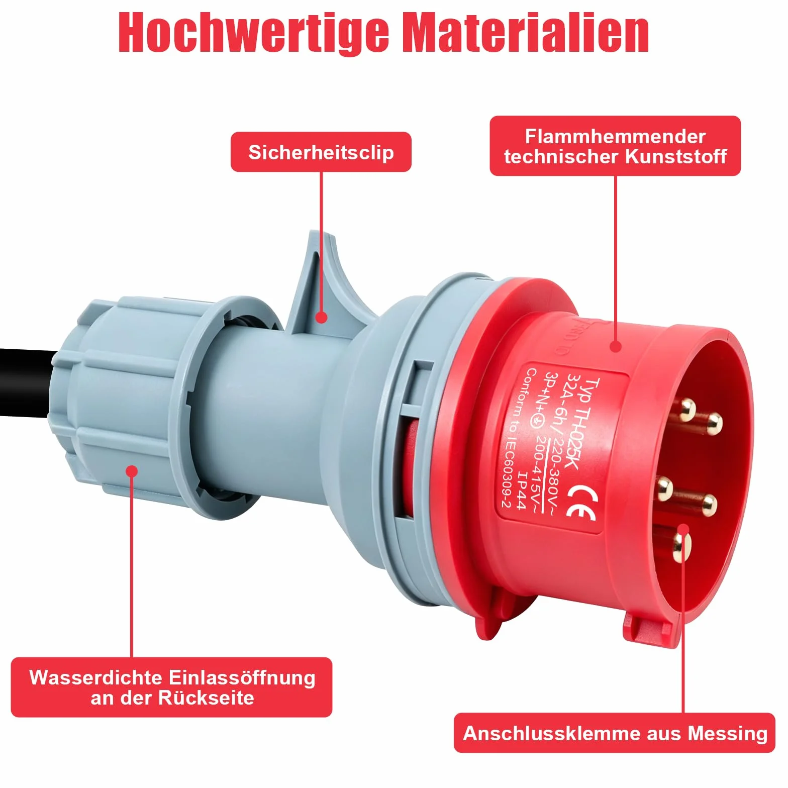 Adapter 32A a 16A, CEE Adapter 32A Stecker auf 16A Kupplung, Starkstrom Adapter 3 Fases con VED 0,5m, Núcleo de cobre 5x2,5mm², 415V máx, IP44 para industria, hogar y carga de vehículos eléctricos