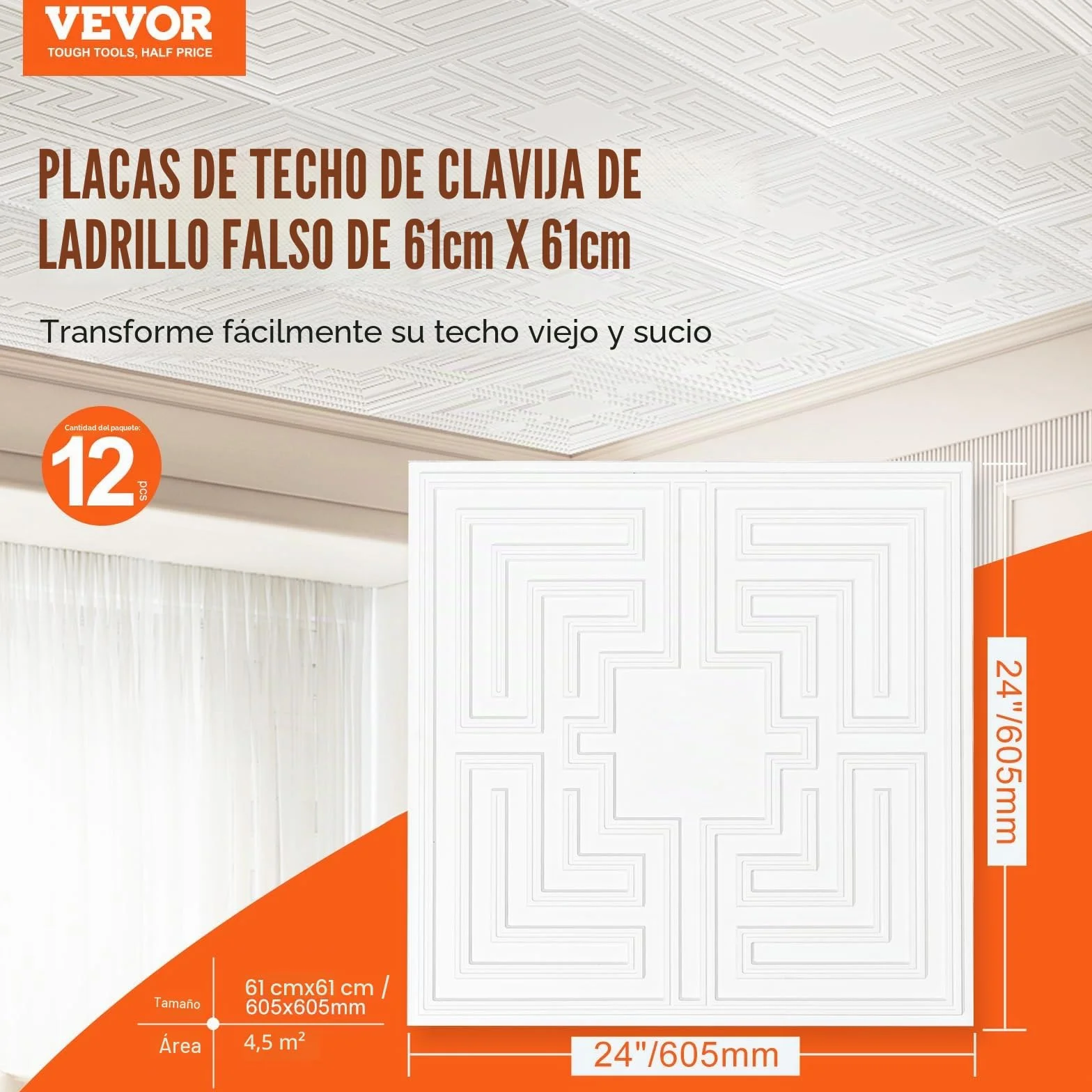 VEVOR Paneles para Techo Suspendidos PVC 605x605 mm Paquete 12 Blanco