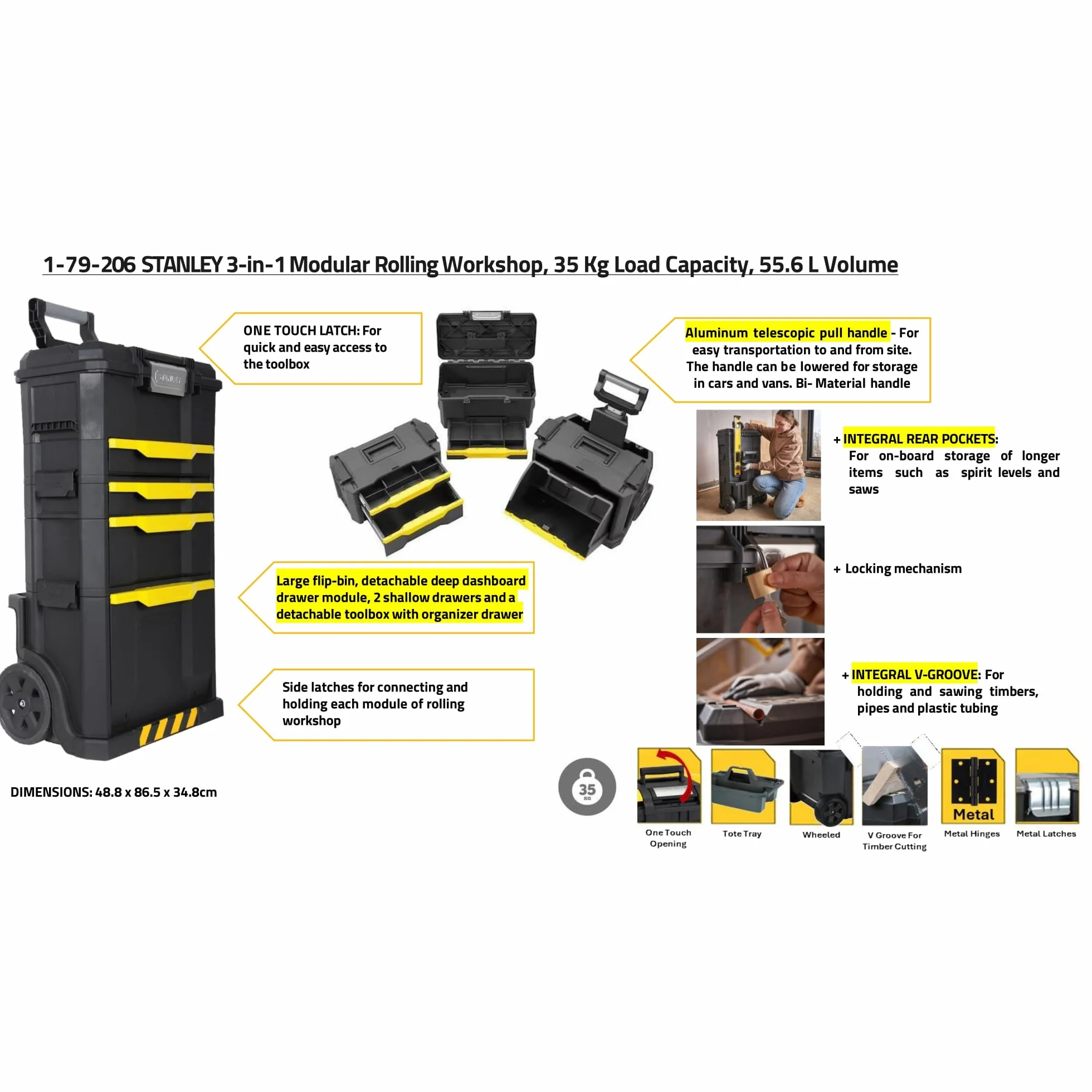 STANLEY Modular Taller Rodante 3 en 1 con Ruedas, Asa Telescópica, 35 kg