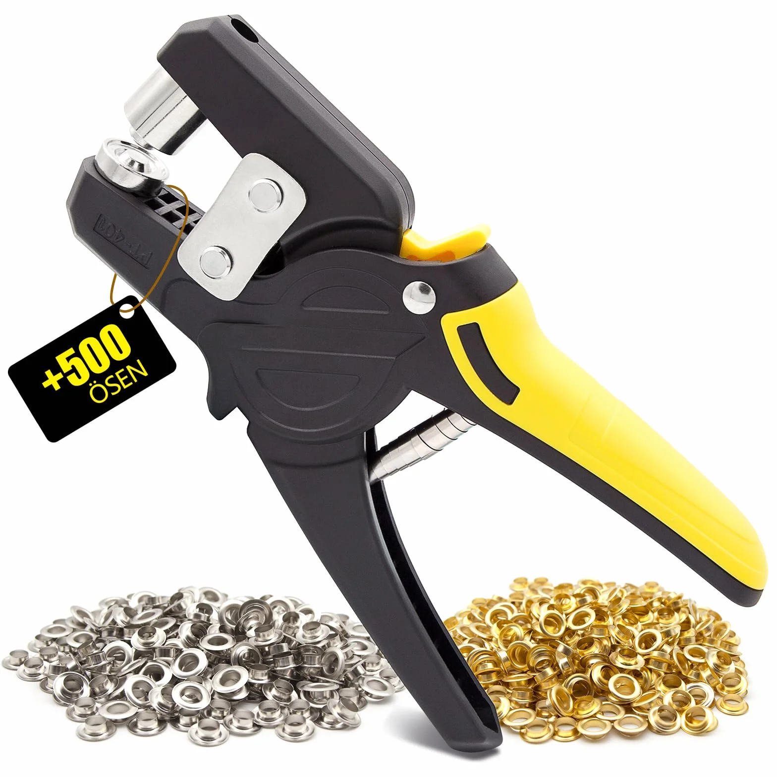 Remachadora Ojales, Alicates Ojal Cerradura con 500 Ojales (Ø Interior 10 mm), Juego de Alicates Profesionale para Lona, Cuero, Cartón, Tela PVC, Lona (Amarillo)