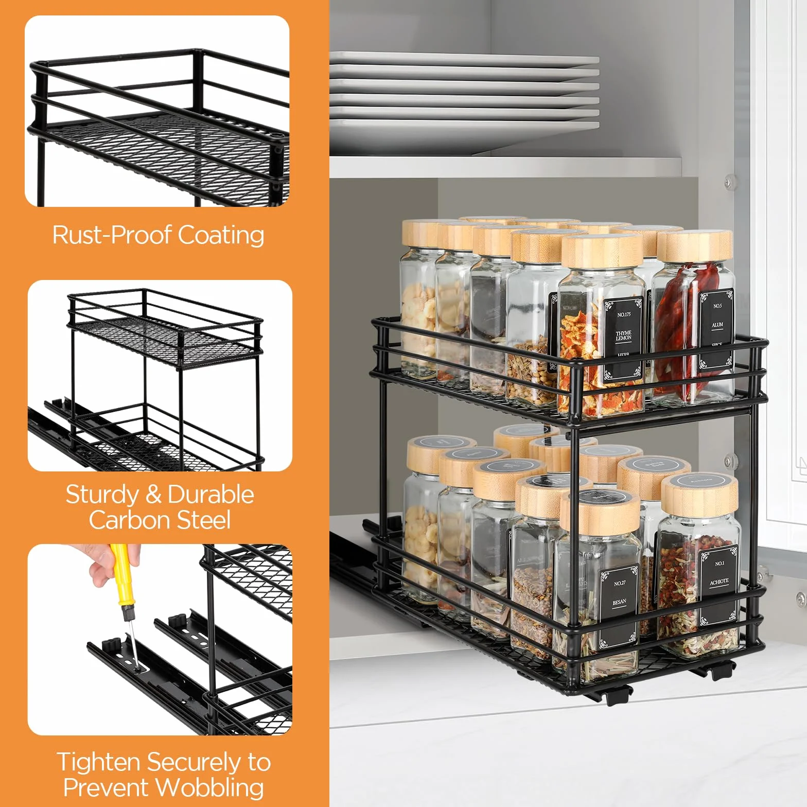 VINATO Organizador Deslizante de Especias de 2 Niveles – Estante para Especias con Guías, Organizador de Cocina para Armario (26x15x21,8 cm)