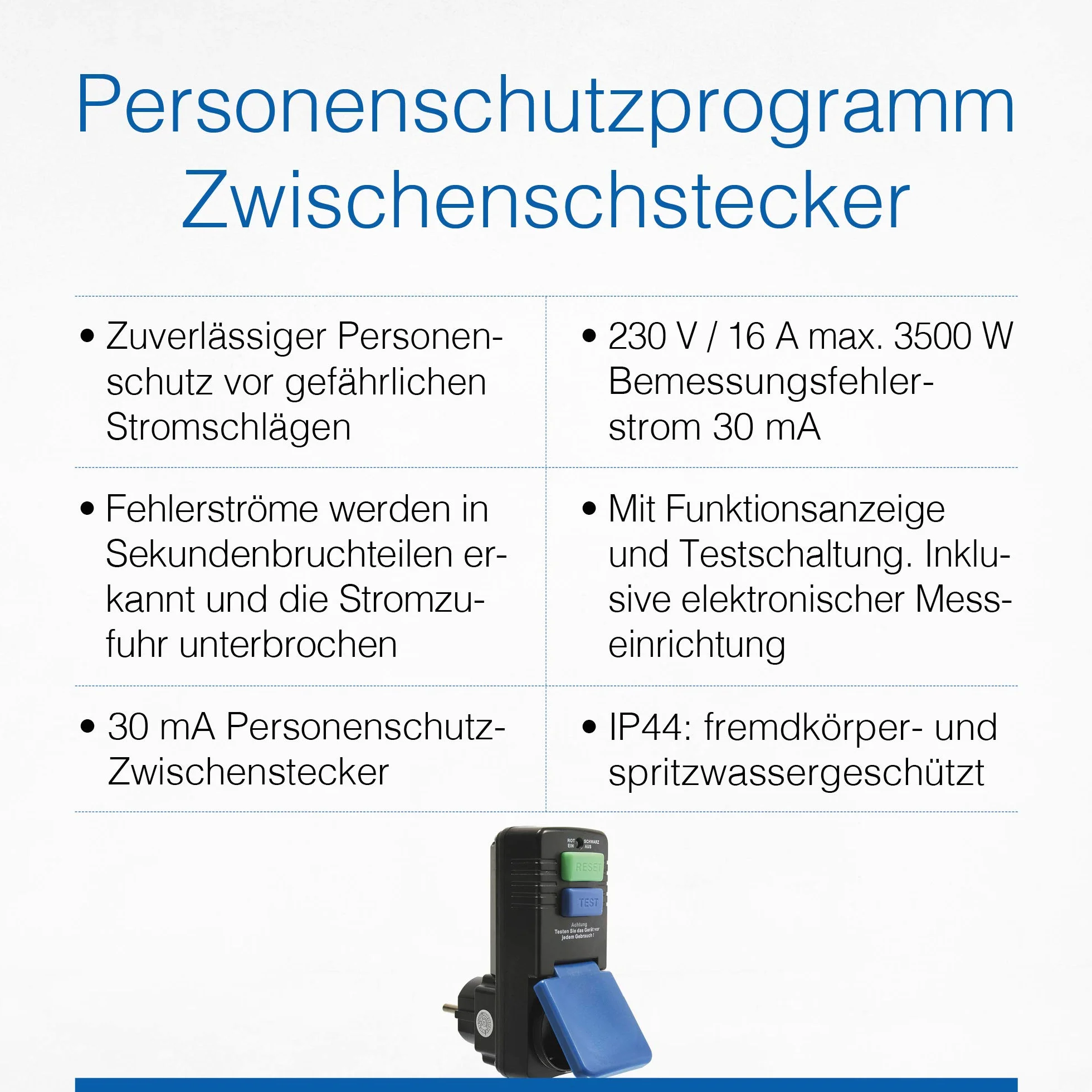 as - Schwabe interruptor diferencial 30 mA - protección personal - 230V / 16A / 3.500W - desconexión <30 ms - enchufe hembra con PRCD - protección laboral fiable - para uso en exteriores IP44, 45230