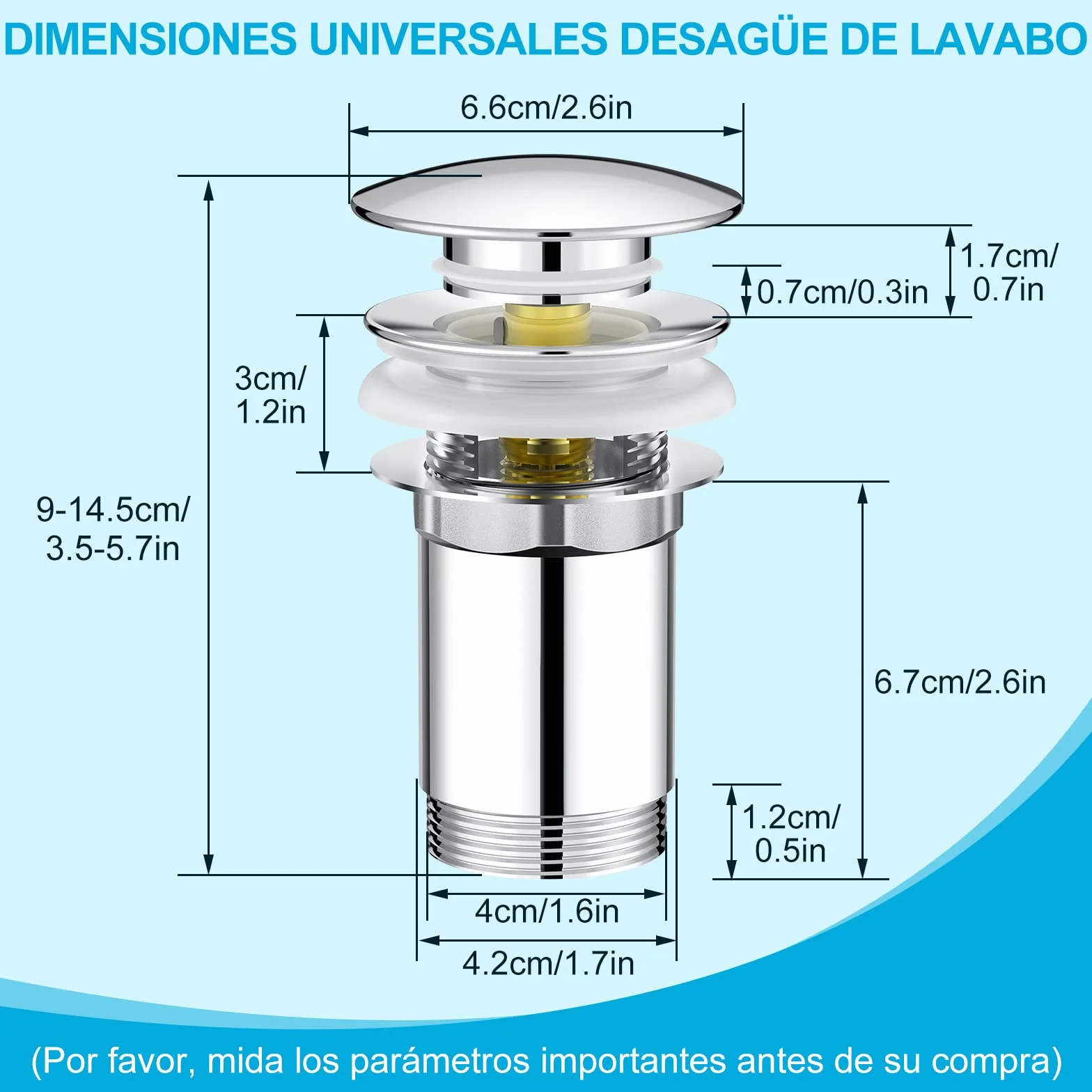 Linkax Tapón Universal G1 1/4" Click Clack Desagüe Lavabo Válvula Baño Inodoro Rebosadero Plata 41-53mm