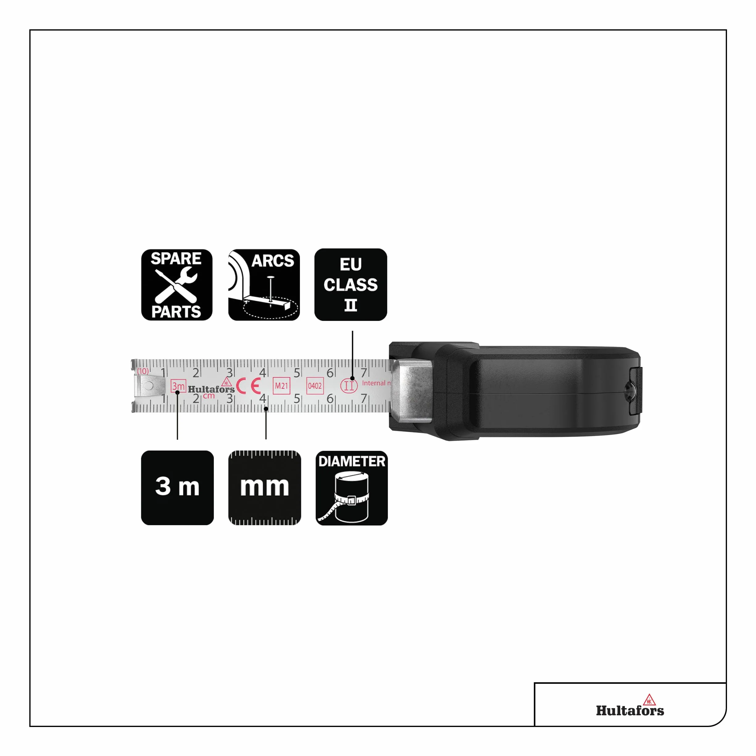 Cinta de medición Talmeter de 3 metros I Hultafors I Clase de precisión II I Made in EU I Cinta de medición 7 en 1 con función única de medición y marcado I 359203