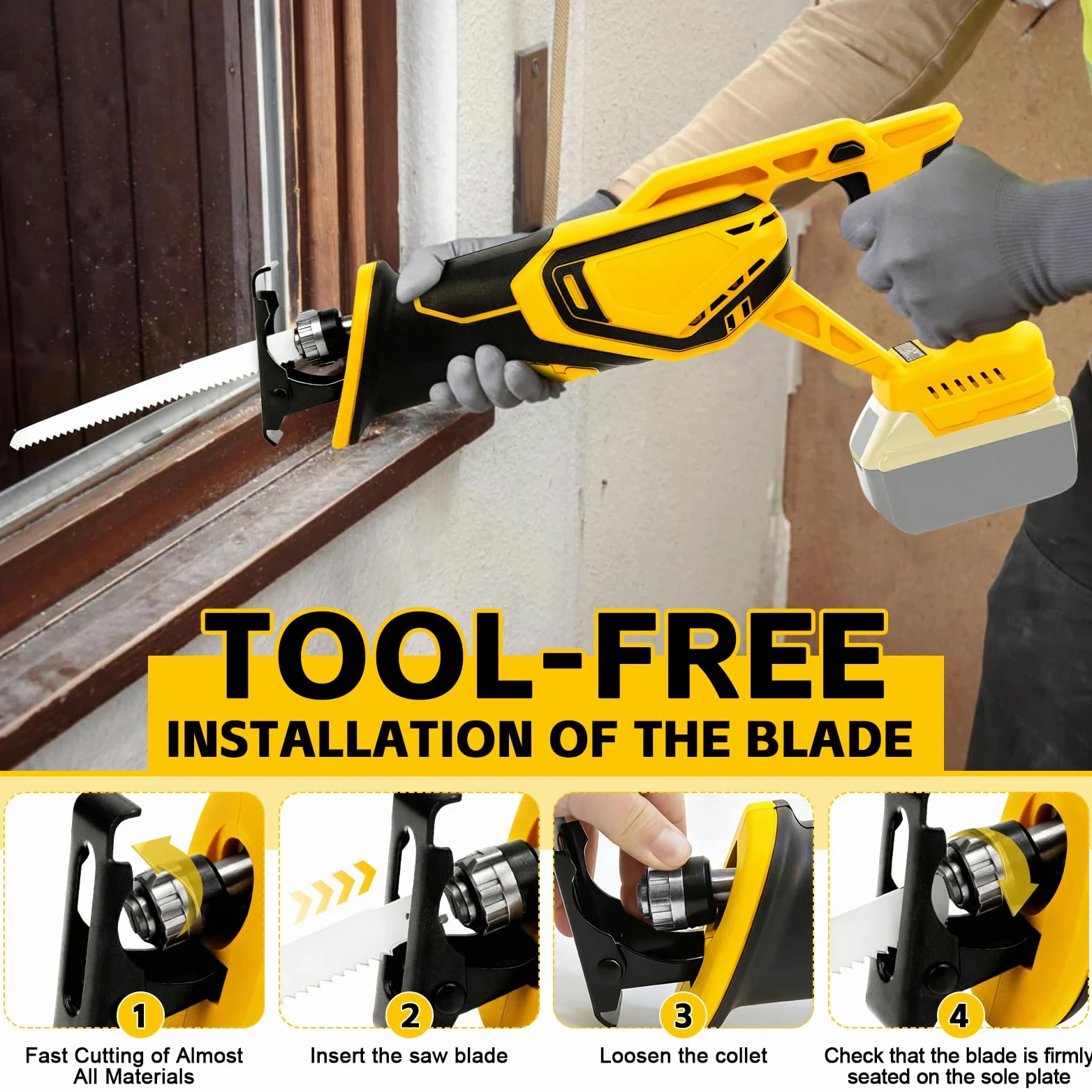 Sierra de sable inalámbrica compatible con batería Dewalt de 20 V | Para trabajos de sierra con madera/acero con 4 hojas de sierra sable, gafas y guantes (sin batería/sin cargador)