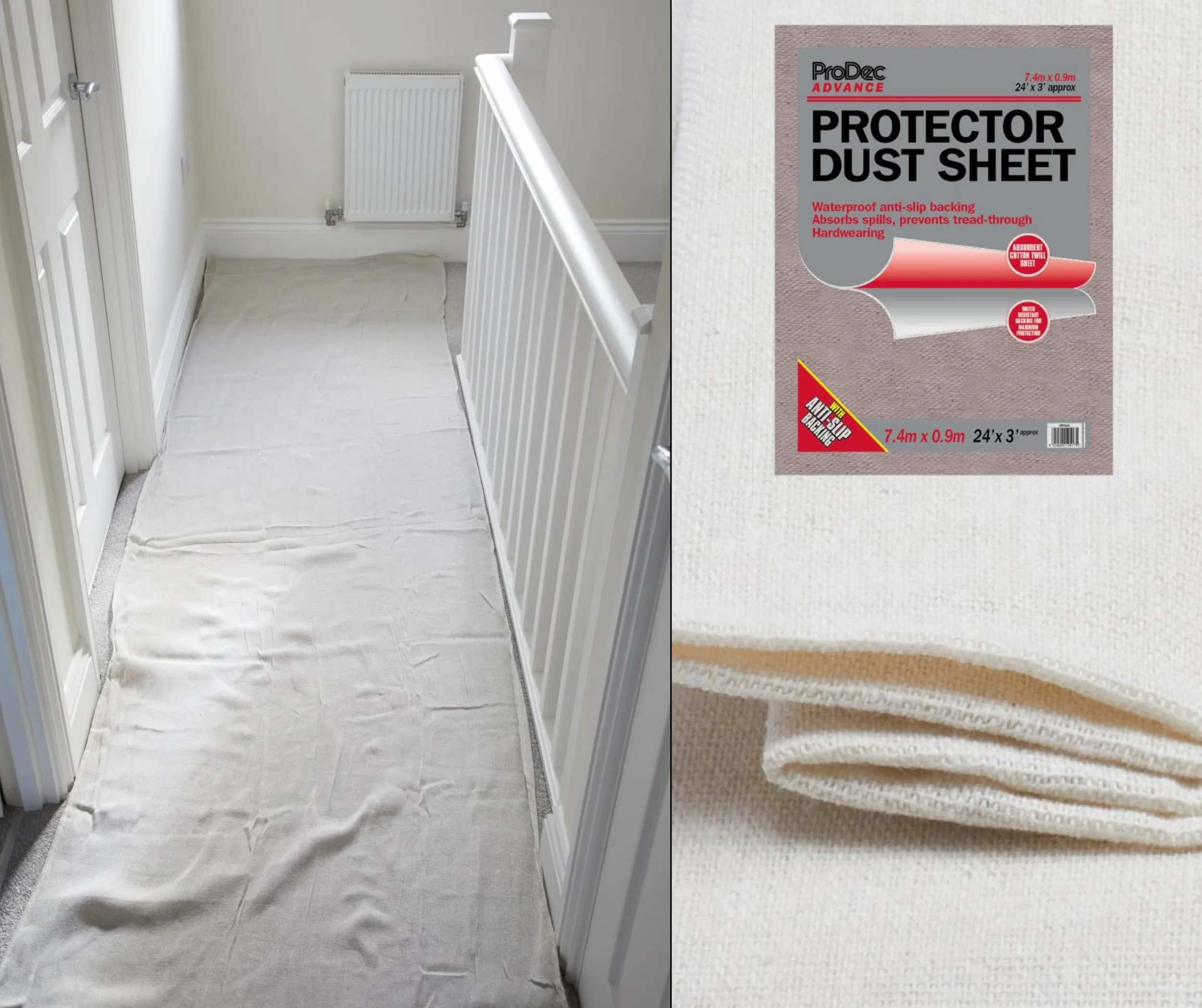 ProDec Advance 24ft x 3ft Protector Resistente al Agua Paño de Algodón para Pintar, Decorar, Cubrir Escaleras, Pasillos y Suelos, Absorbe Derrames, No Empapa, Reutilizable