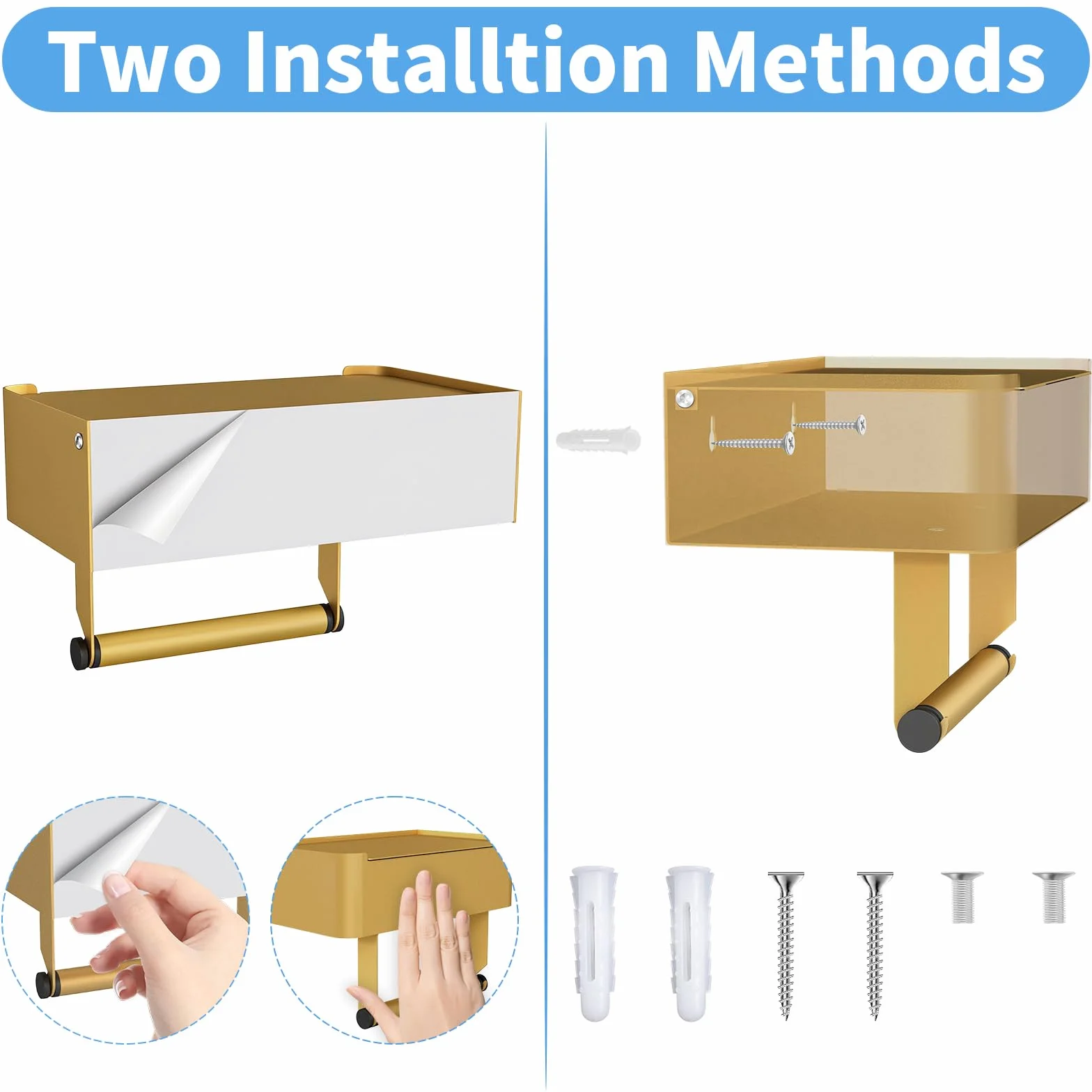 Caja para toallitas húmedas y papel papel higiénico Gypie sin taladrar, soporte dorado y acero inoxidable