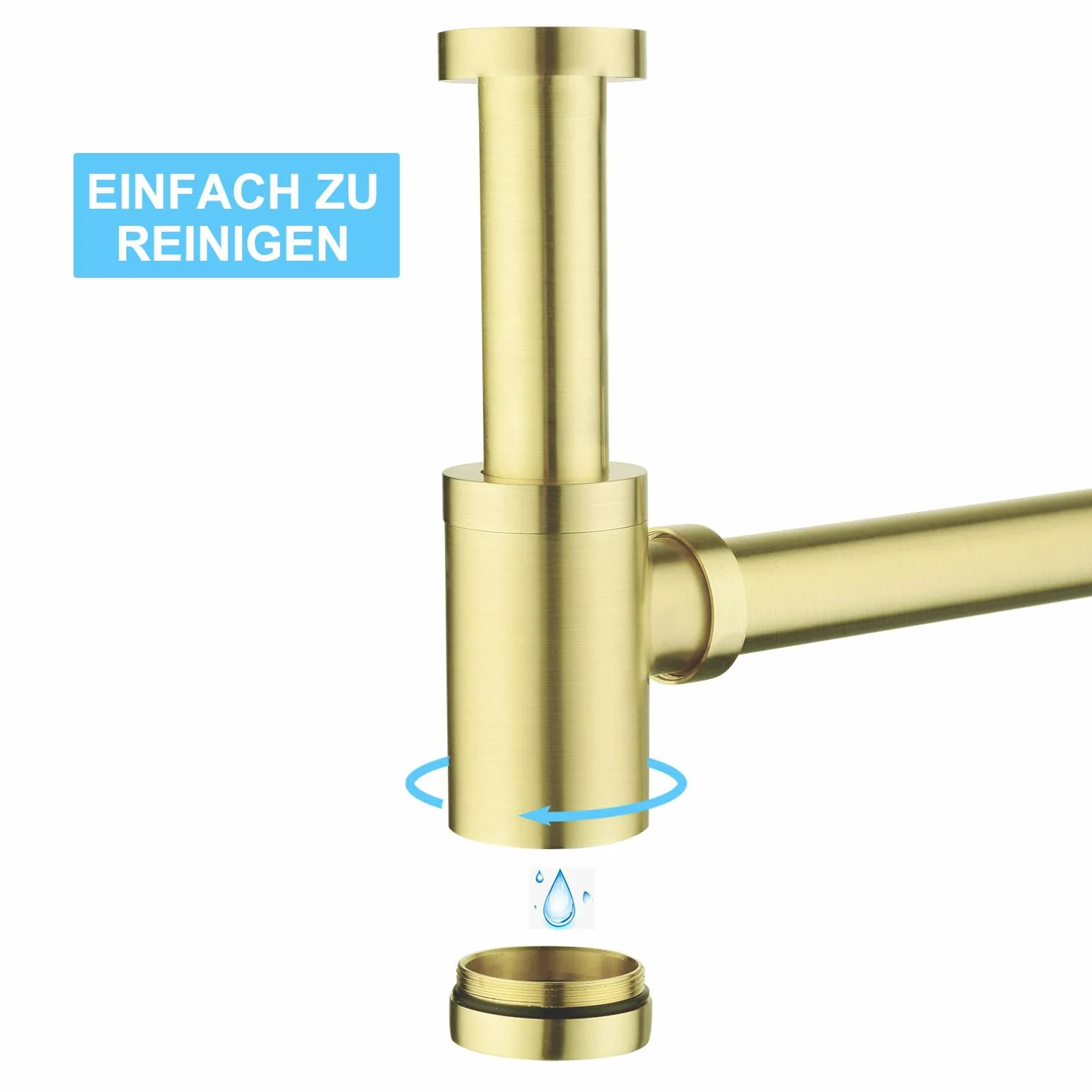 Sifón de diseño con desagüe con rebosadero para lavabo, color dorado cepillado, sifón universal y válvula de desagüe para baño, sifón de latón