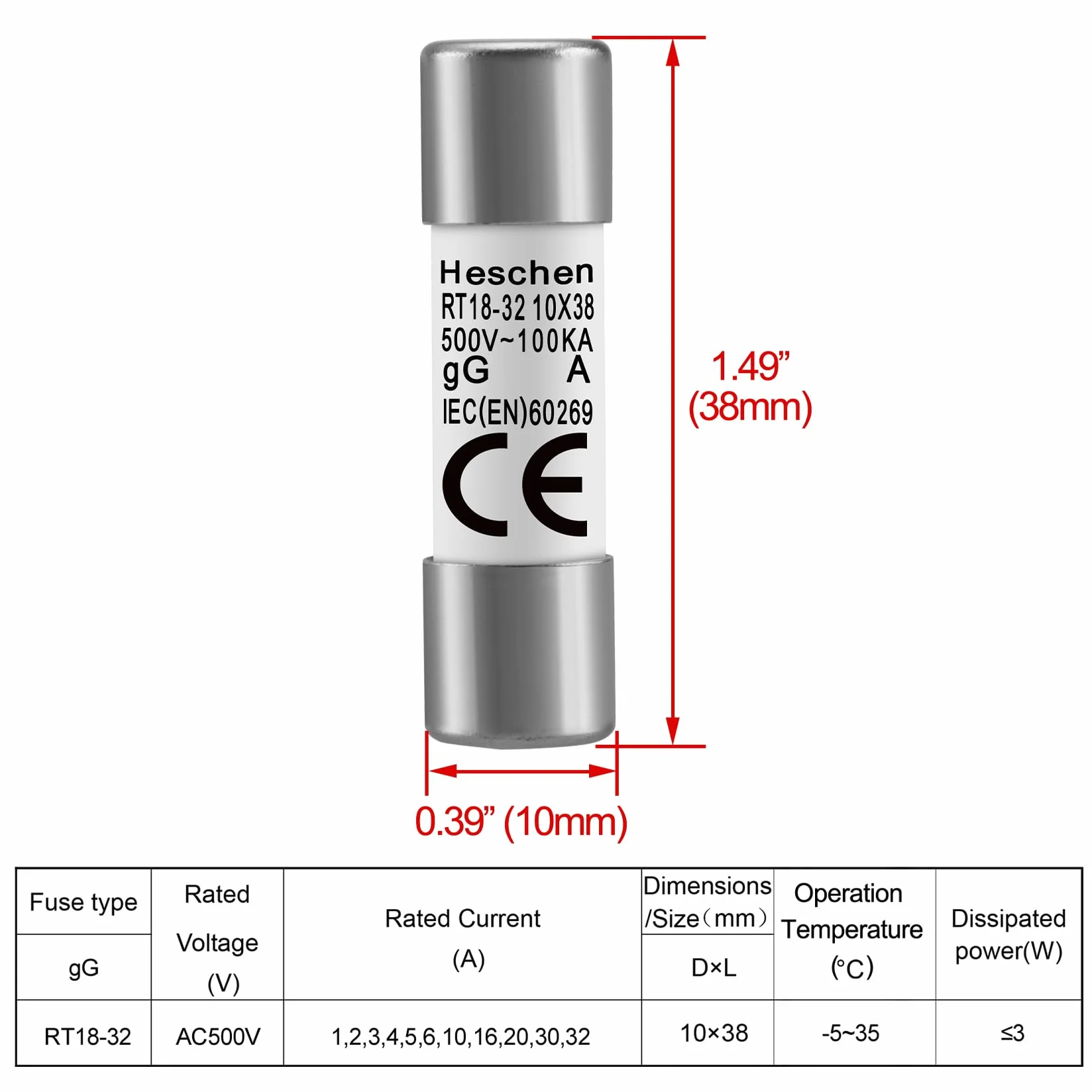 Heschen RT18-32 (RO15) Tubo cilíndrico de cerámica de enlace de fusible, 10x38 mm, 4A 500V, Pack de 10