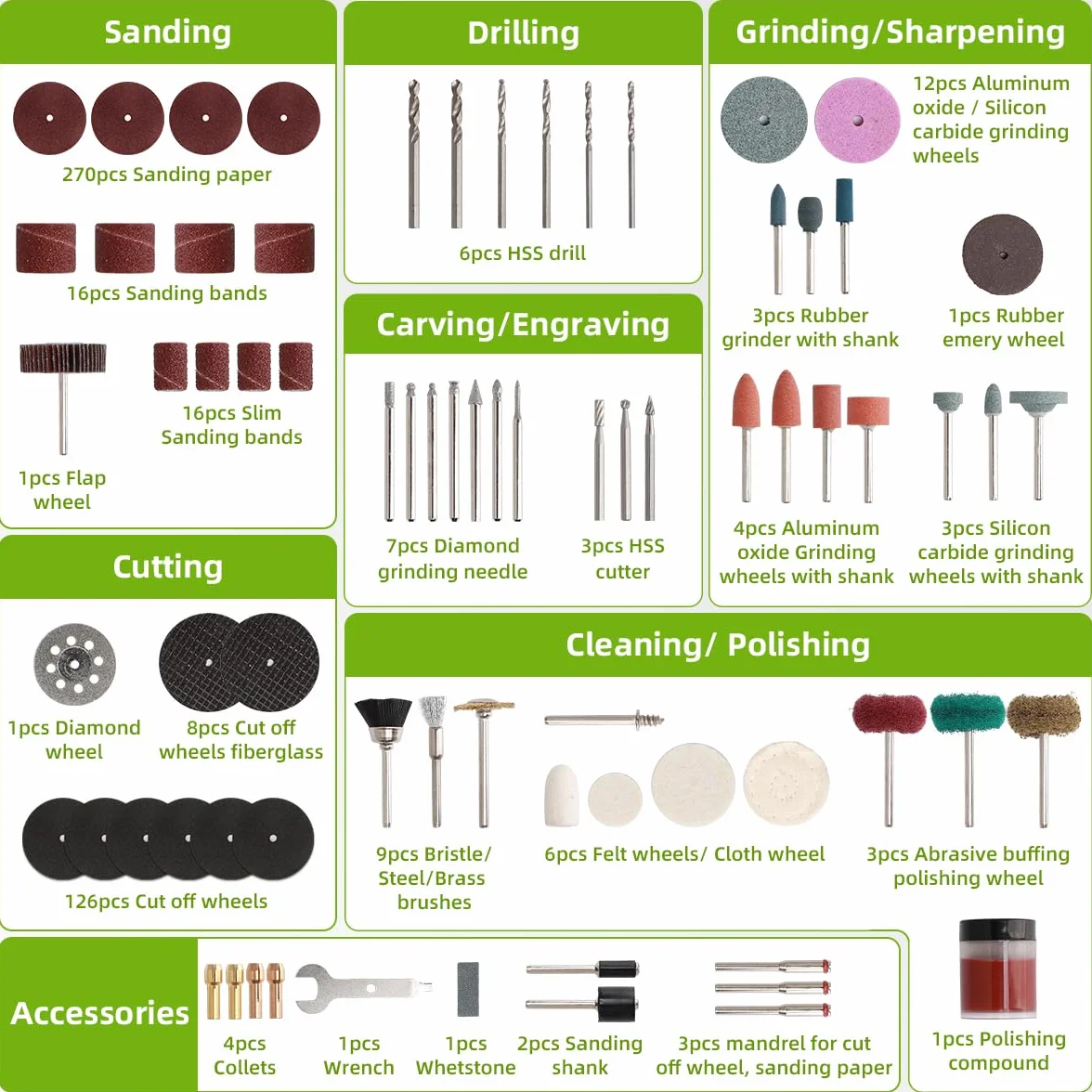 Kit de 510 Accesorios de Herramientas Rotativa, Huepar Tools Accesorios Variados Multiusos, Universales Accesorios para Dremel u Otro, Reutilizables, para Cortar, Esmerilar, Pulir, Taladrar y Grabado