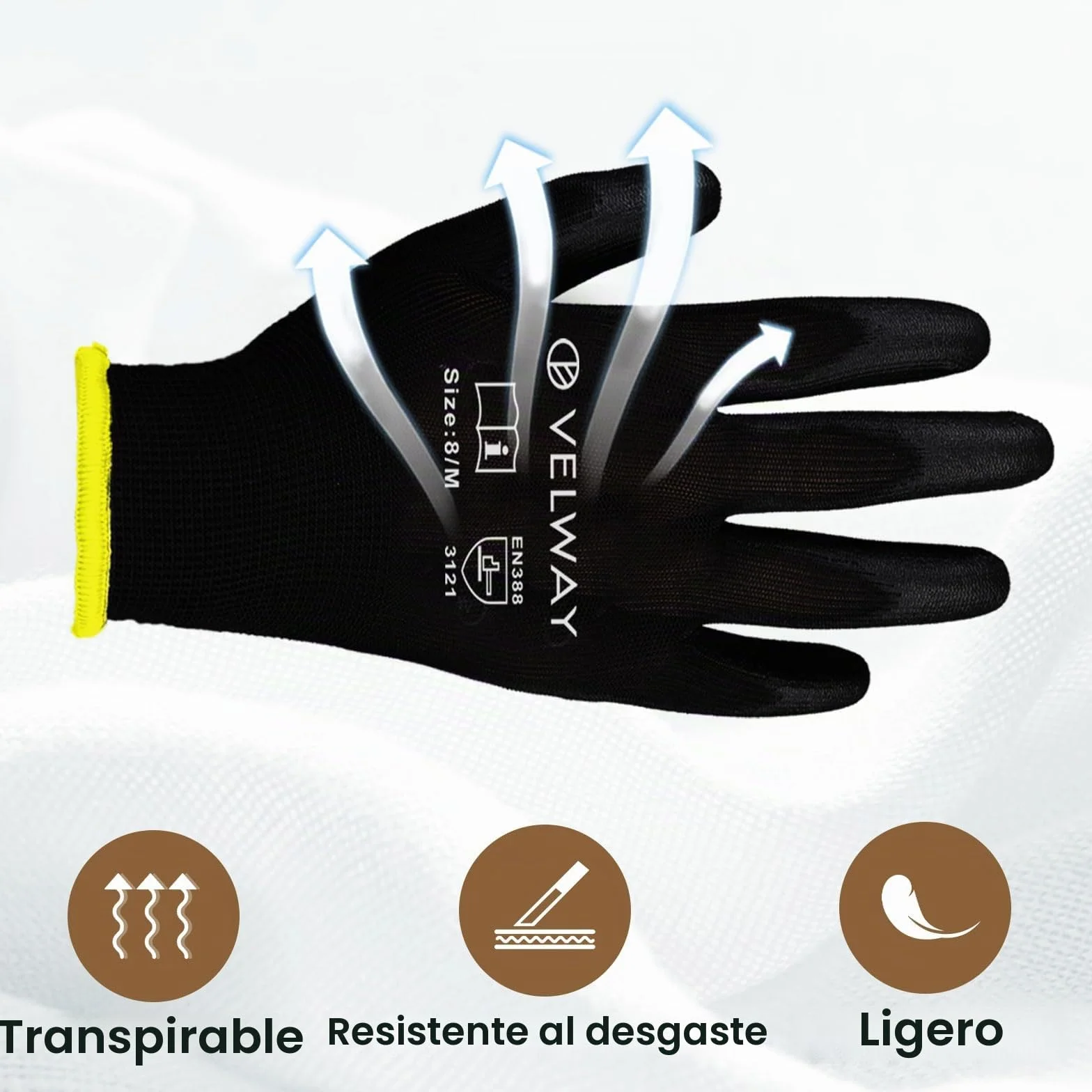 Velway Guantes de Trabajo Talla 8 Alta Resistencia Recubrimiento Poliéster PU Protección Mecánica Negro
