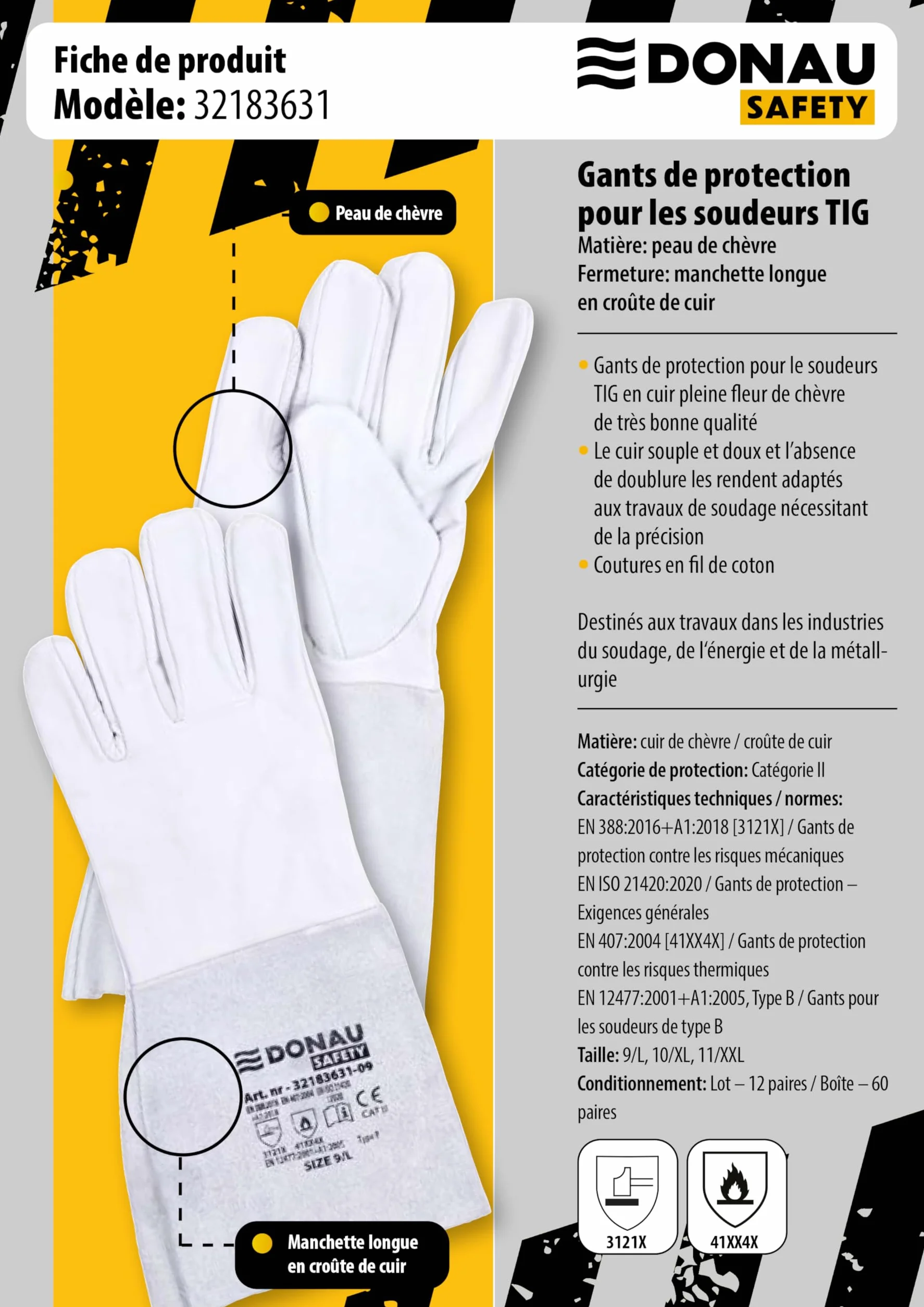 DONAU SAFETY Guante de soldador piel de cabra TIG talla 9 1 par