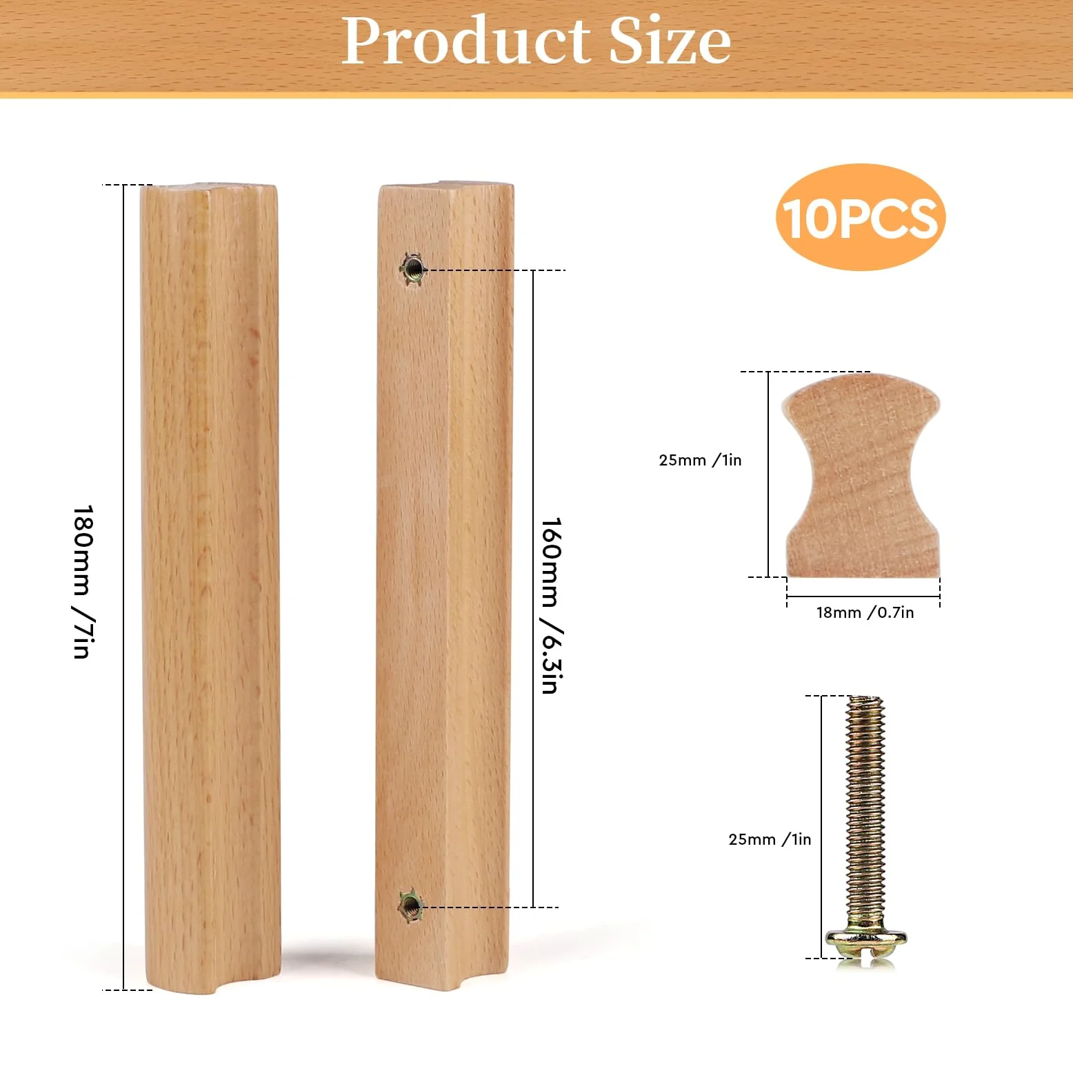 SWAWIS 10 Piezas Tiradores de Madera 160mm, Pomos de Madera para Muebles con Tornillo, Haya Tirador de Cajón para Puertas, Tiradores de Cajones, para Armarios Cajones Muebles Cocinas