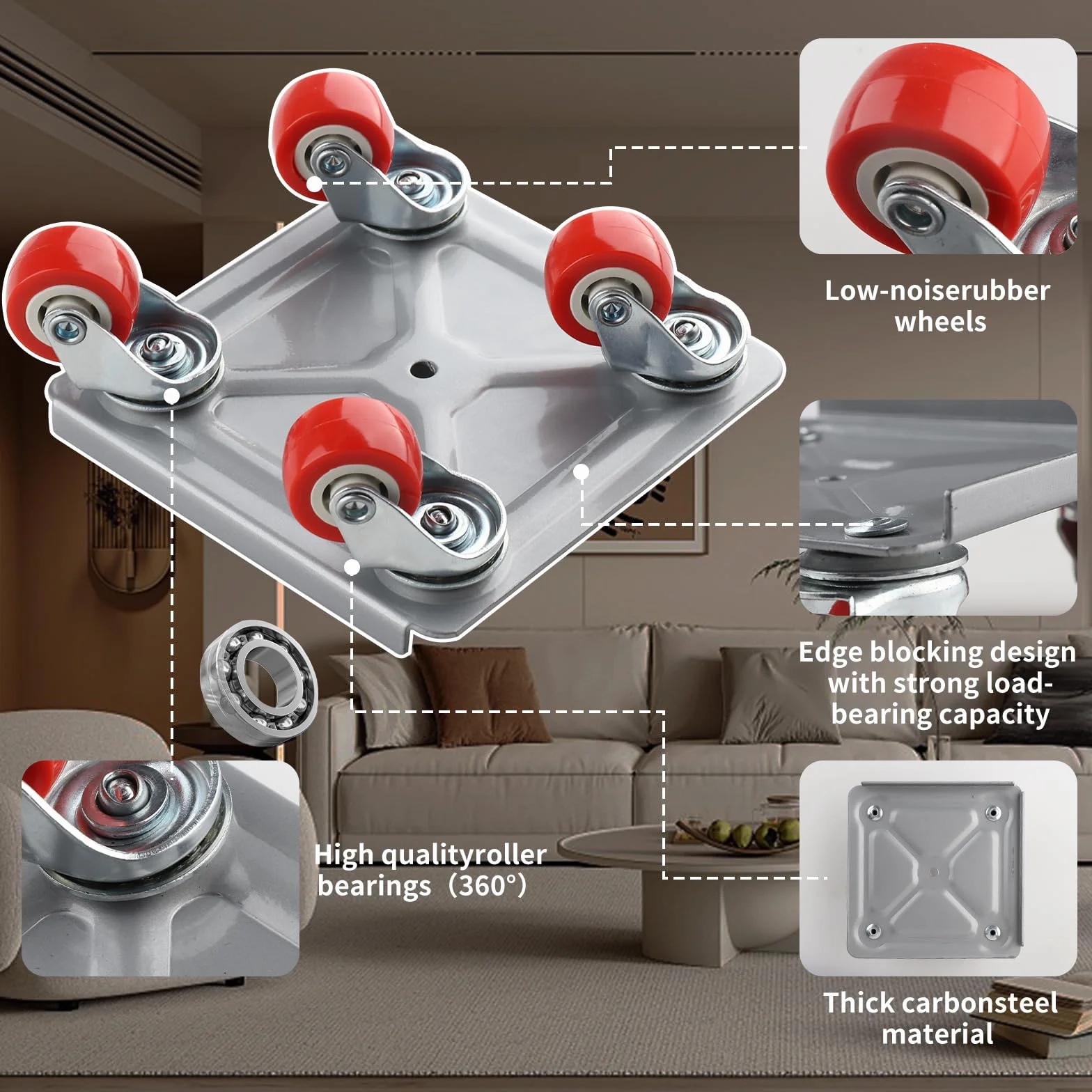 Transportador de Muebles con Ruedas, Ruedas para Muebles 360°Ruedas Giratorias Capacidad de Carga de 600KG, Elevador de Muebles para Sofá Lavadora y guardarropas frigoríficos Piano (Plata)