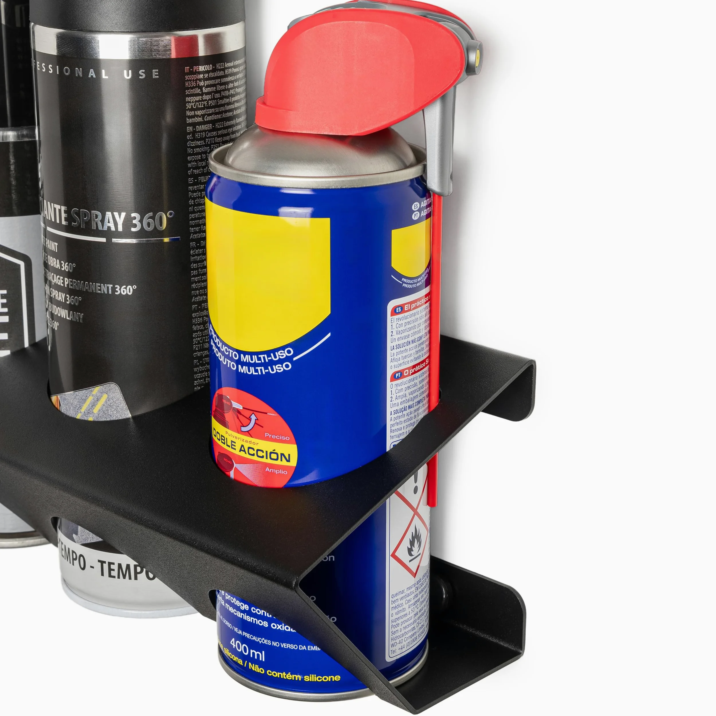 Soporte de Pared para Sprays y Aerosoles Ø65 mm | 100 % Acero Reforzado | Organizador Estantería Balda Taller, Garaje, Furgoneta | Fabricado en Europa | 400 ml | 500 ml | 366 g | 4 Botes