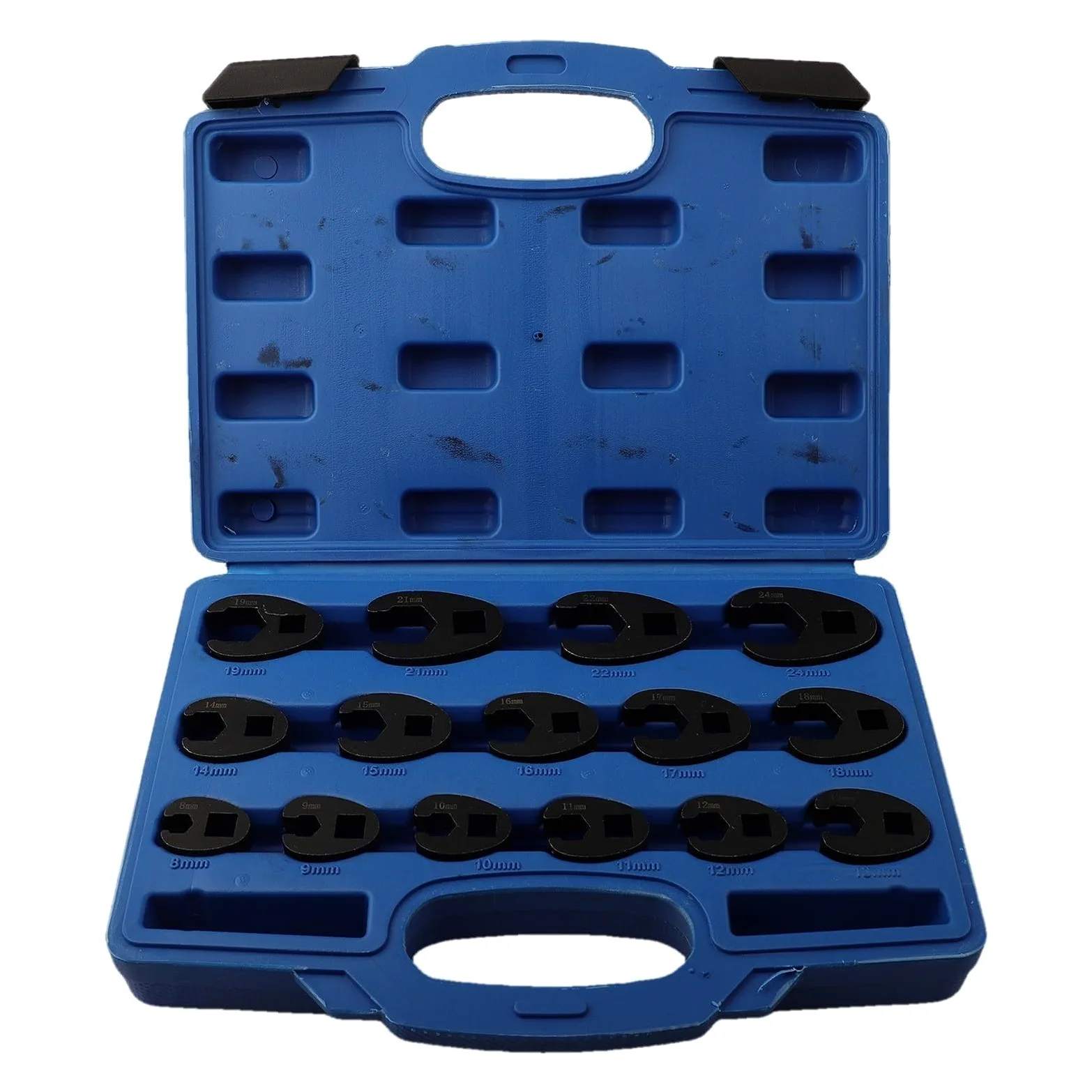 Juego de llaves de pata de gallo resistentes, 15 llaves métricas de tuerca acampanada de 8 a 24 mm, llaves de extremo abierto con trinquete de 3/8 y 1/2, kit de herramientas profesionales para