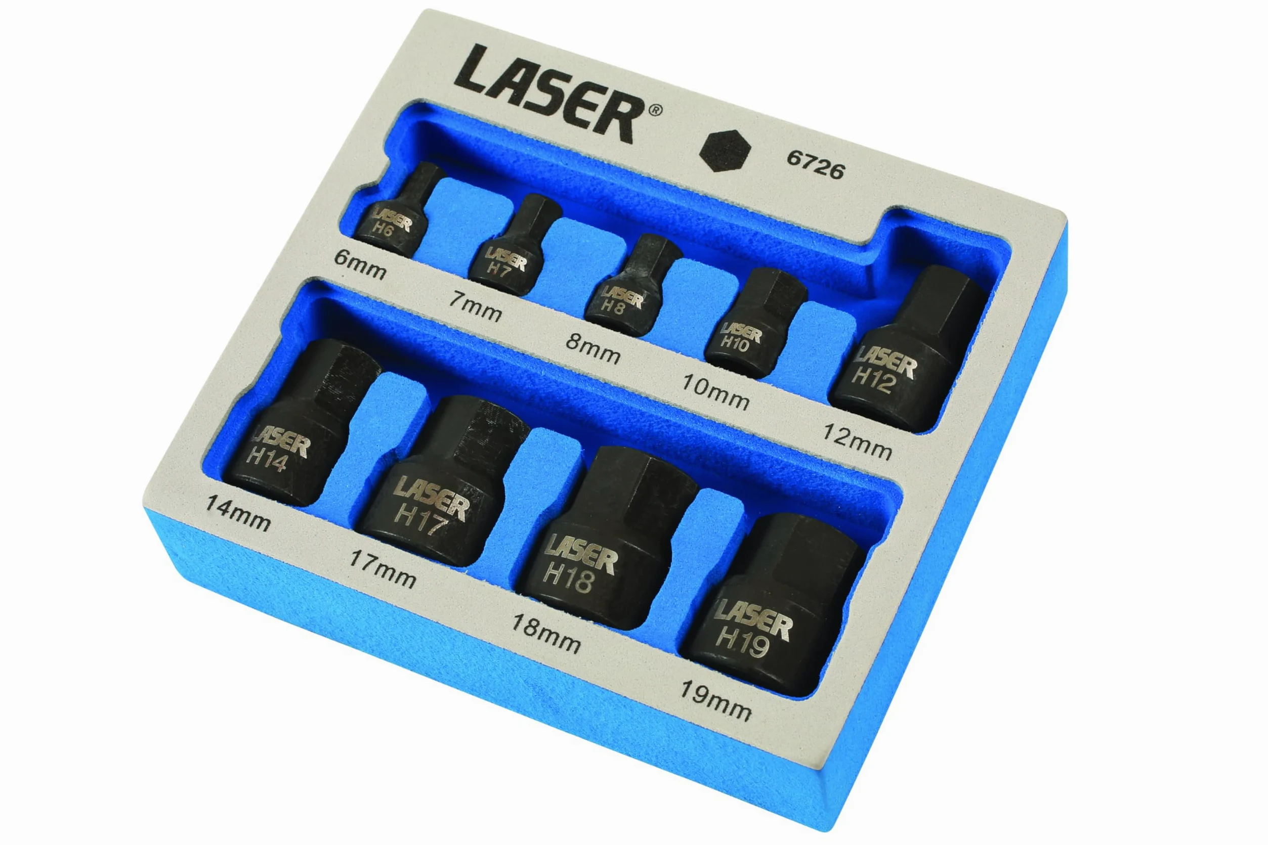 Laser 6726 Low Profile Impact Hex Socket Bit Set 1/4"D, 3/8"D 9pc, Silver