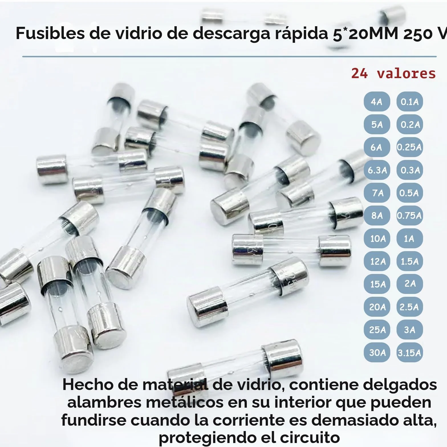 240 Piezas Fusibles de Vidrio 5x20mm 250V Rápida Fusión Kit 0.1-30A Caja Plástico