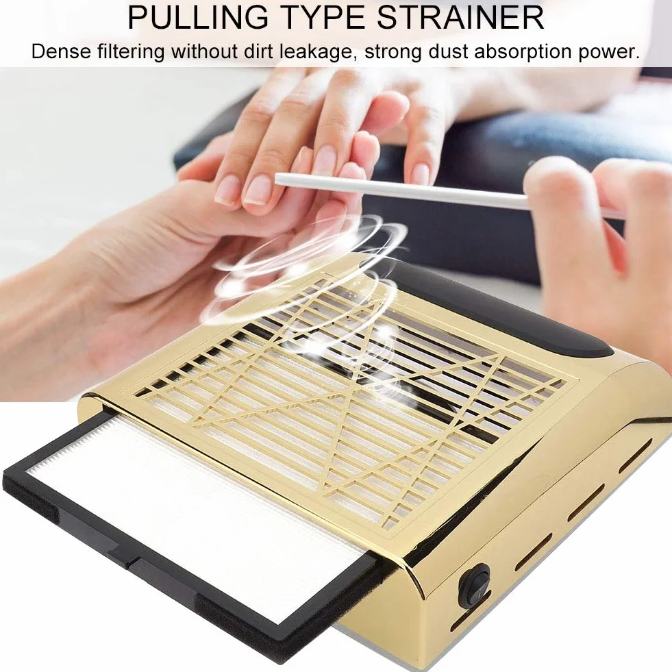 【𝐏𝐚𝐬𝐜𝐮𝐚】 Colector de Polvo de uñas, Herramienta de manicura de aspiradora de Arte de uñas de succión Fuerte de 80W 100-240V(EU Plug-Oro)