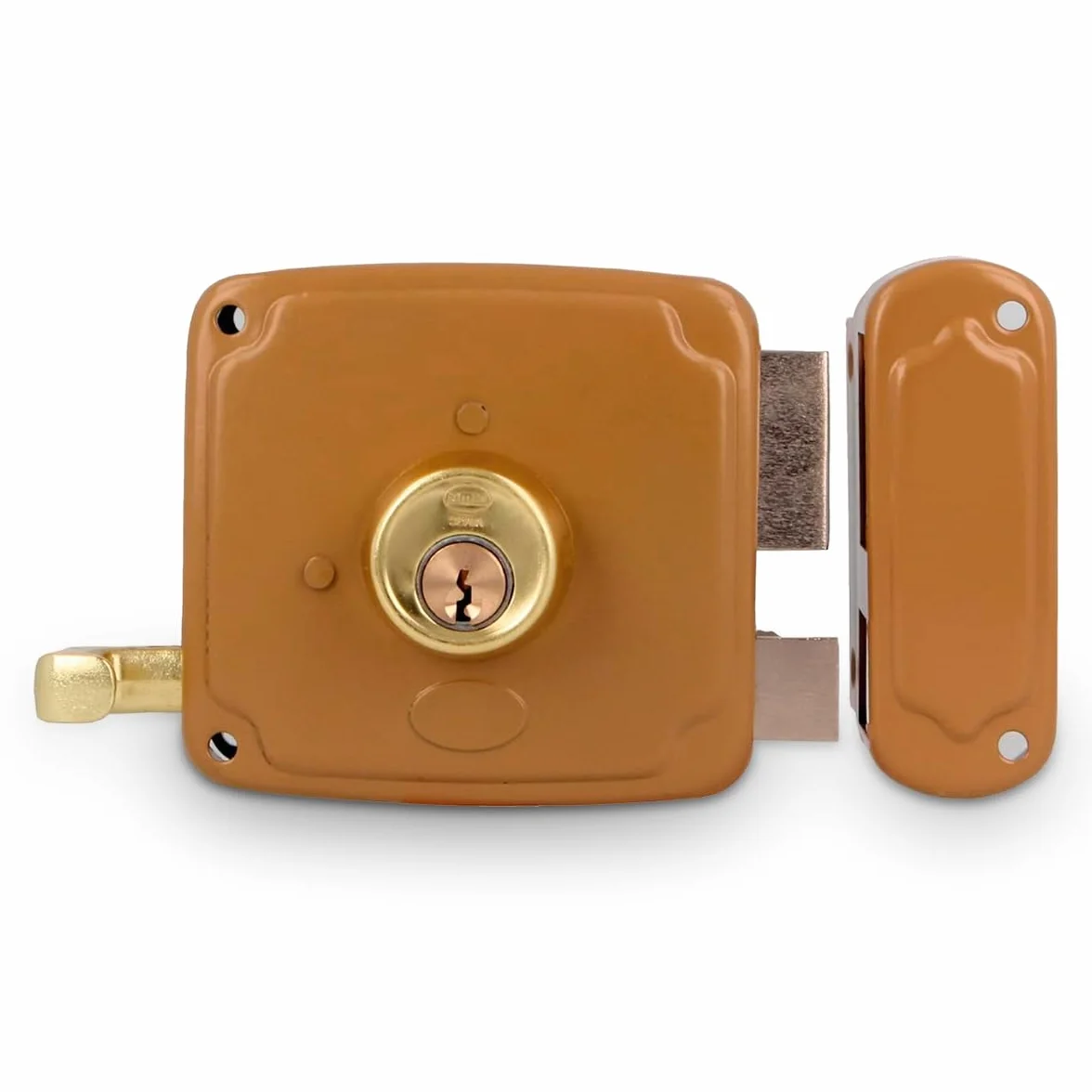 Amig - Cerradura de Sobreponer de Derecha con Palanca de Cierre, Lengüeta y Tirador - Acero Dorado - Medida: 100 x 95 mm - Ideal para Puertas de Madera de Entrada o de Paso