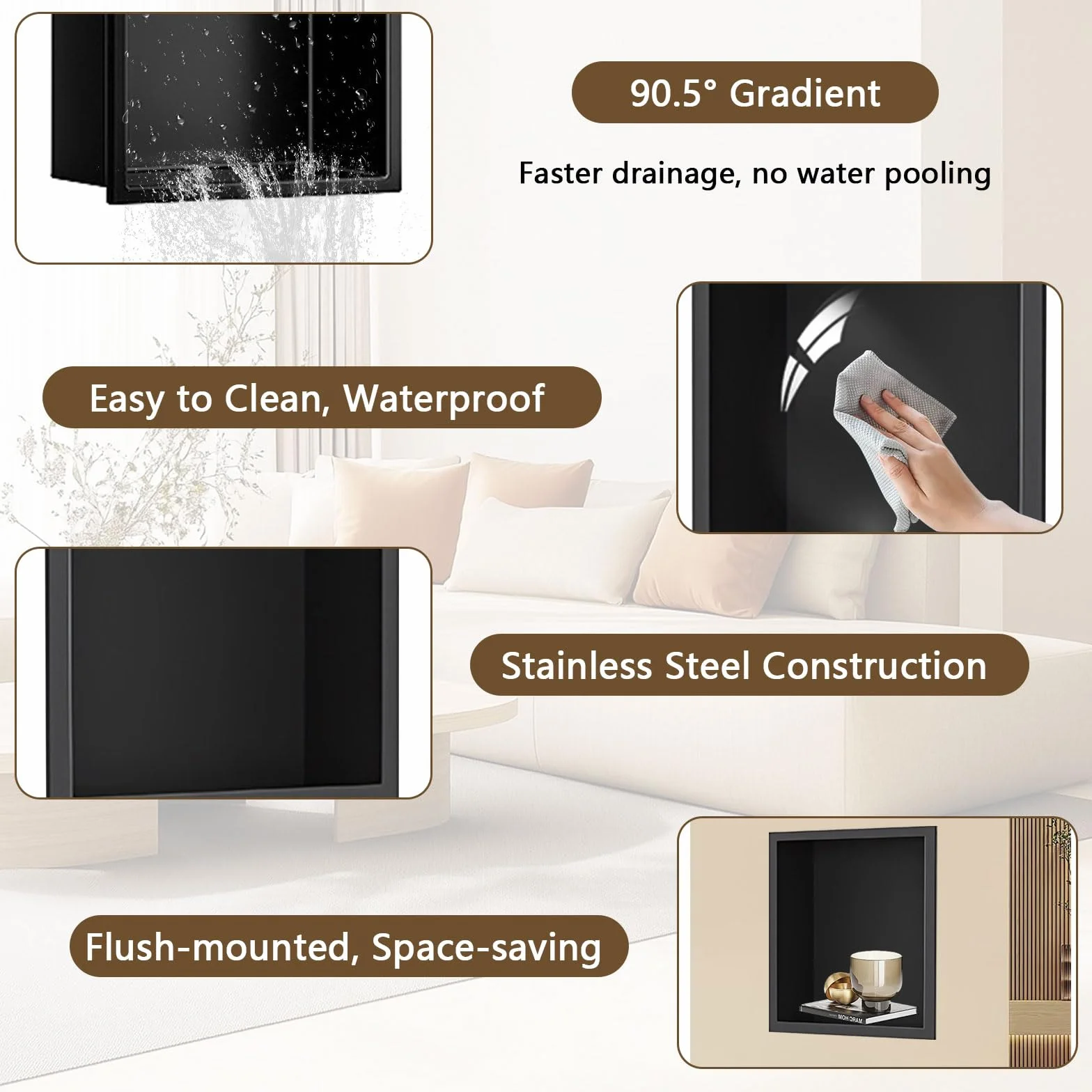 Nicho de ducha negro 320 x 320 x 125 mm, inserto de pared de acero inoxidable, bandeja impermeable, organizador de almacenamiento