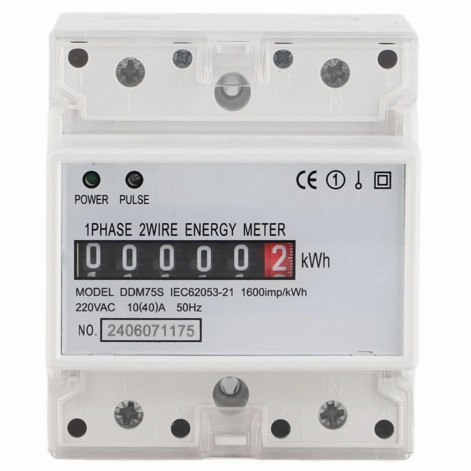 Medidor de Energía Monofásico Kwh 10-40A para Rail DIN con Pantalla LED DDM75S para Medir el Consumo Eléctrico en Hogares y Negocios