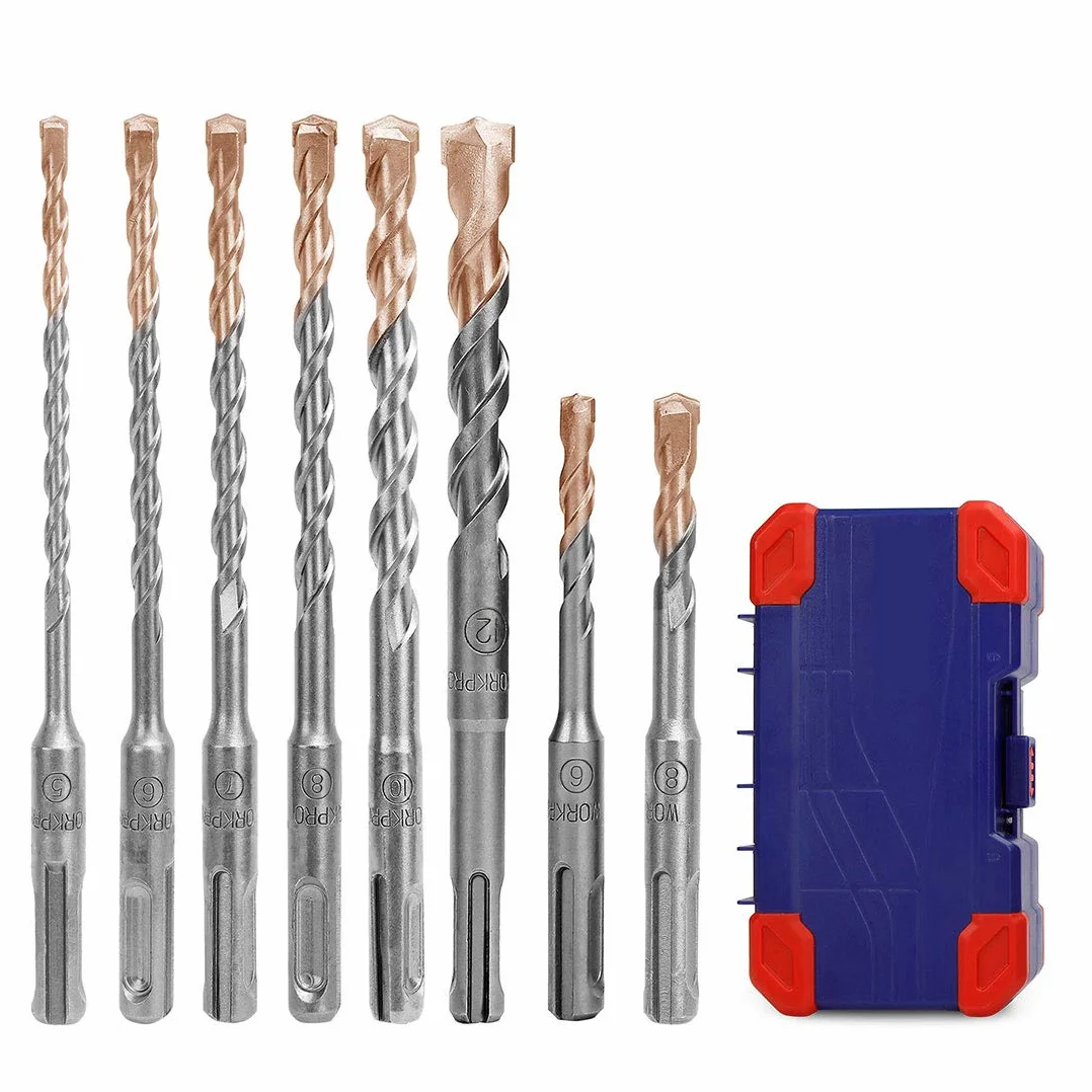 WORKPRO Juego de Brocas SDS Plus 8 Piezas, Brocas para Hormigón con Caja, Ø 5/6/7/8/10/12 mm para Taladro Percutor SDS Plus, Ladrillo, Piedra y Cemento