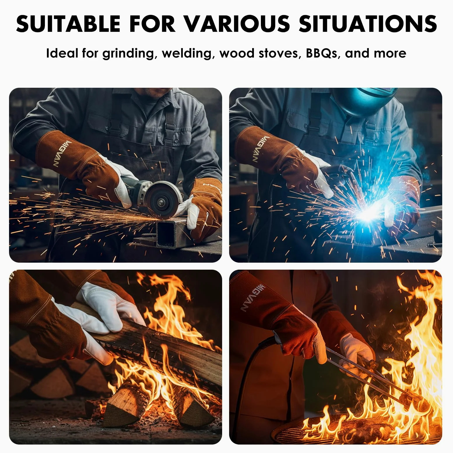 Guantes de soldadura de cuero vacuno – Guantes largos ignífugos para soldadura MIG/TIG, barbacoa, chimenea, horno y cocina – Resistentes al calor, unisex, talla M