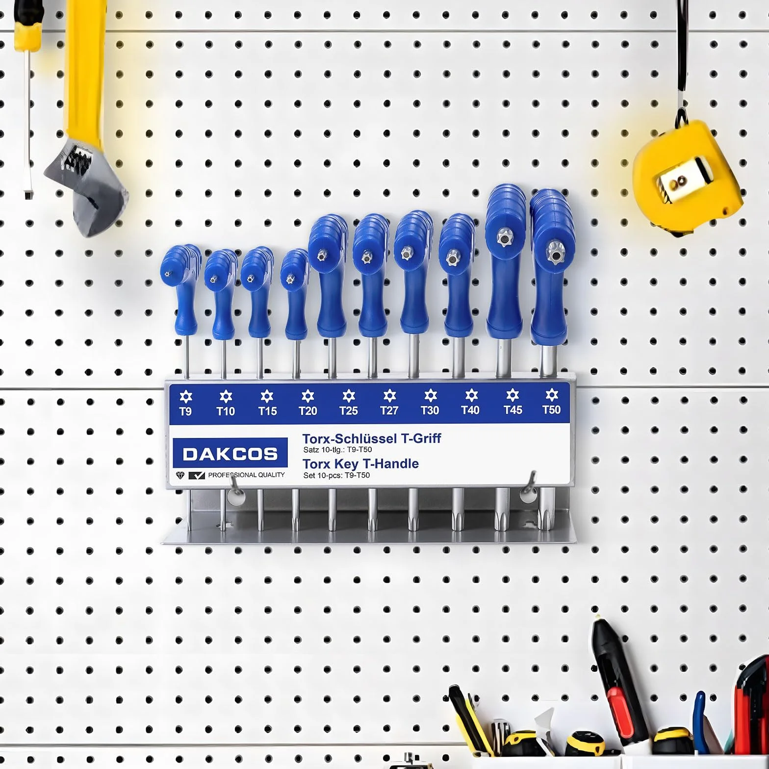 DAKCOS Juego de 10 llaves Torx con mango en T, llave de estrella T9-T50 con estante de almacenamiento, Cr-V