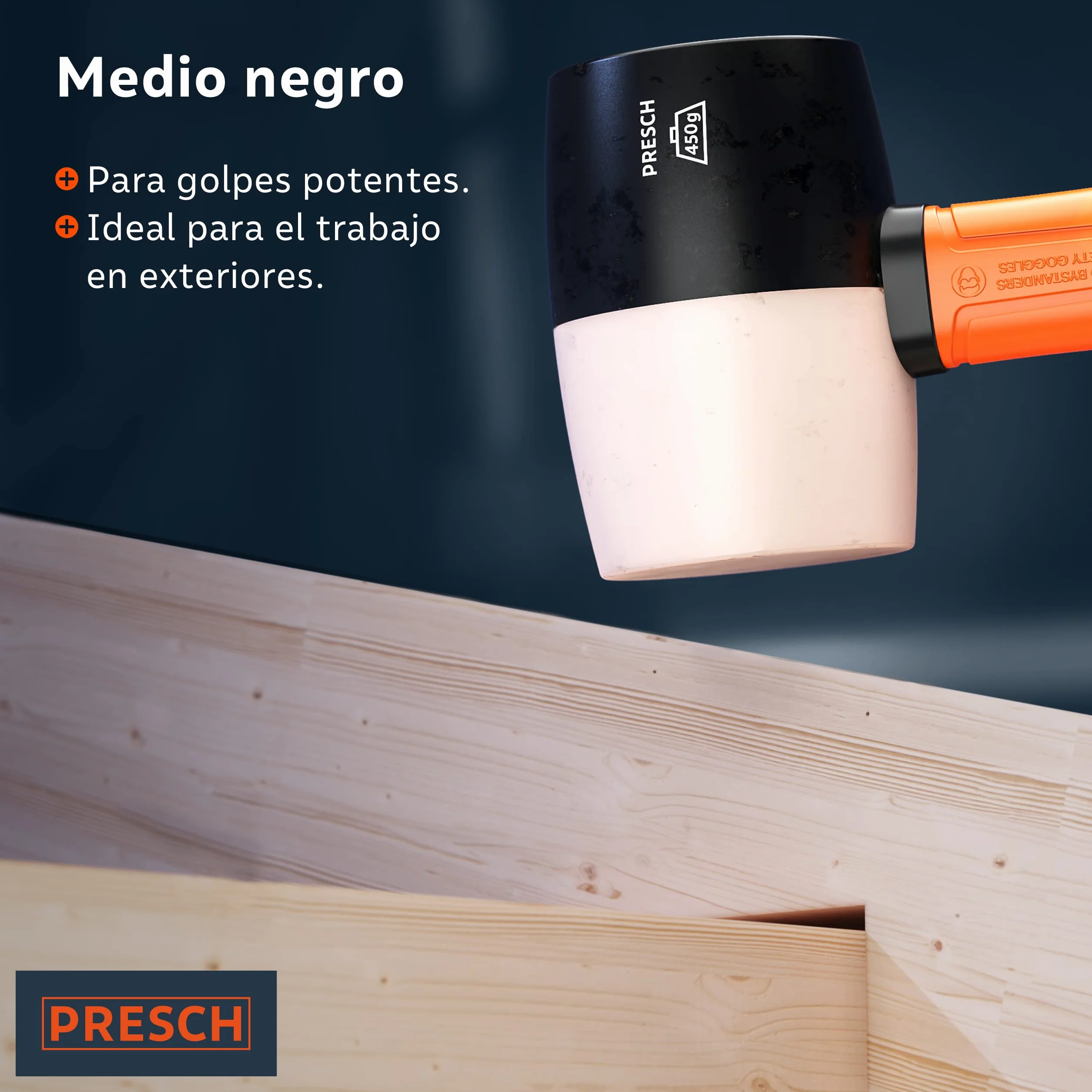 Presch Mazo de goma negro/blanco 450g - Martillo de goma dura con mango de fibra de vidrio | ⌀=55mm - Mazo de caucho polivalente para muchos usos