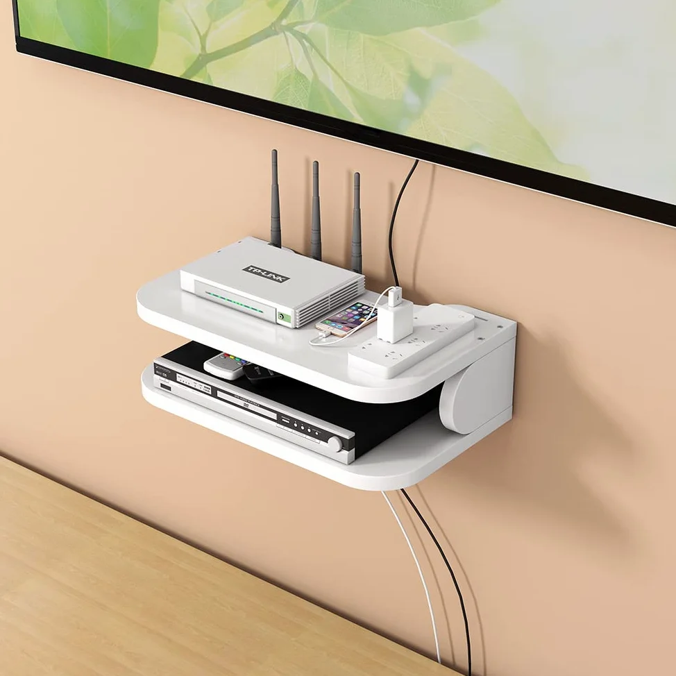 Caja de almacenamiento para enrutador WiFi Estantes flotantes TV Set-Top Rack, montado en la pared Multi-capa de gestión de cables Estante de almacenamiento para decoración de pared (jl01,blanco)