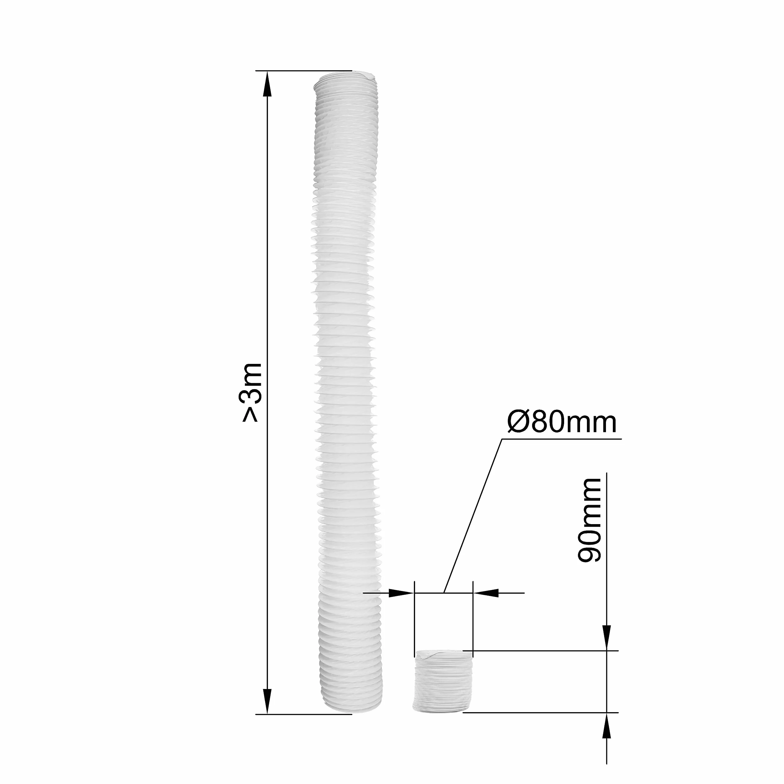 Vent Systems Ø80 mm de 3M Long PVC Flex Manguera con alambre de acero en el interior. Líneas aéreas flexibles para ventilación. Canal de calefacción, enfriamiento y ventilación flexibles