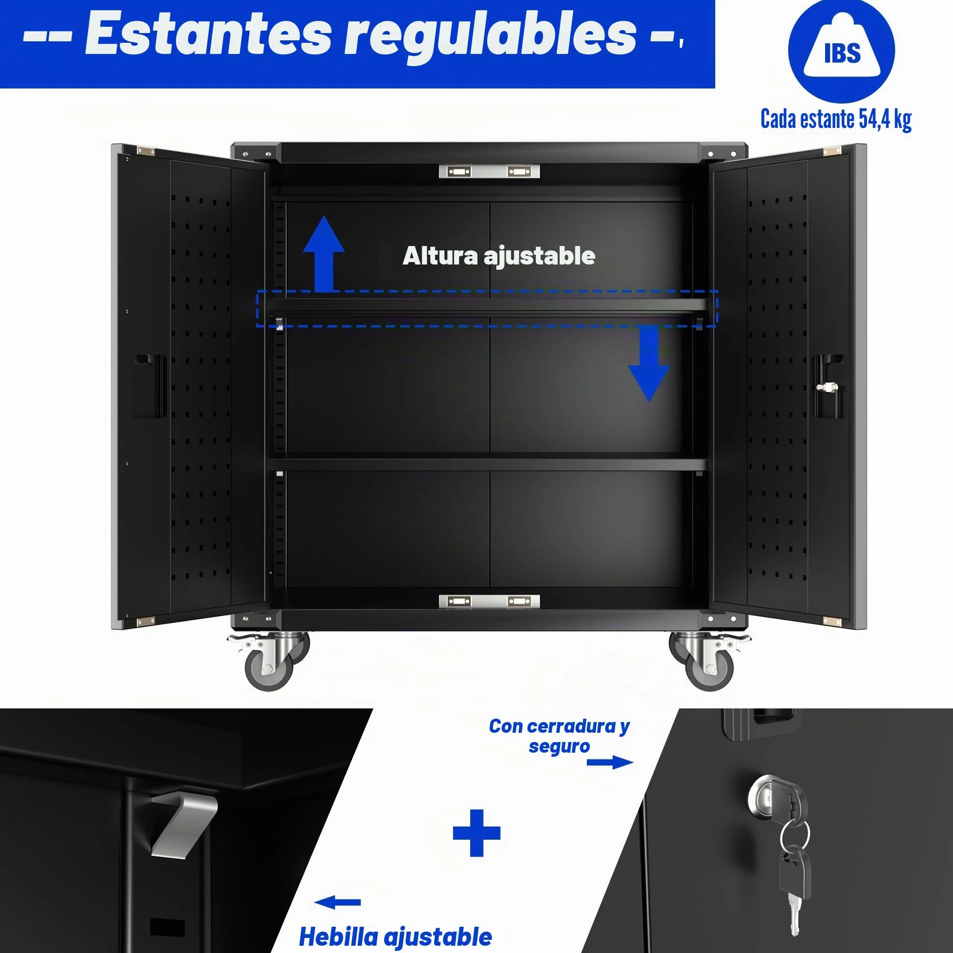 Armario de herramientas con ruedas, tablero de clavijas y 4 ganchos, 2 puertas y estantes ajustables