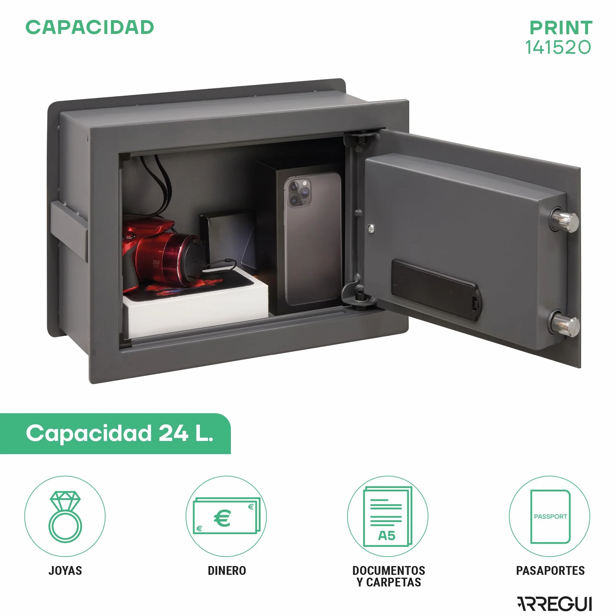 ARREGUI Print 141520 Caja fuerte de empotrar a pared con apertura huella dactilar o código, seguridad biométrica, Fundo extensible 26x35x15/25 cm