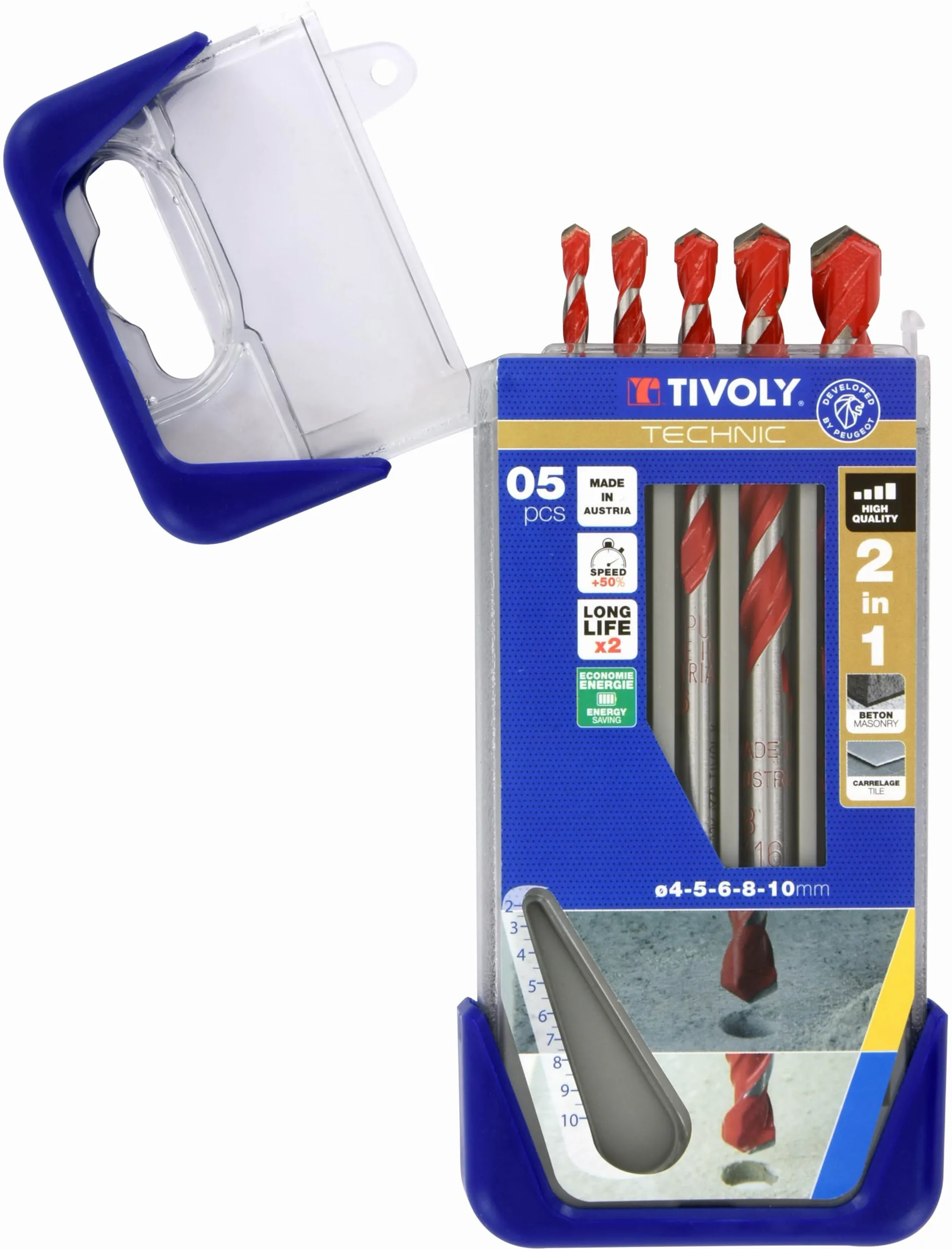 TIVOLY 10913070002 - CLIPSTER 2in1 TECHNIC Brocas 2 in 1 HORMIGON AZULEJO Ø 4-5-6-8-10 mm