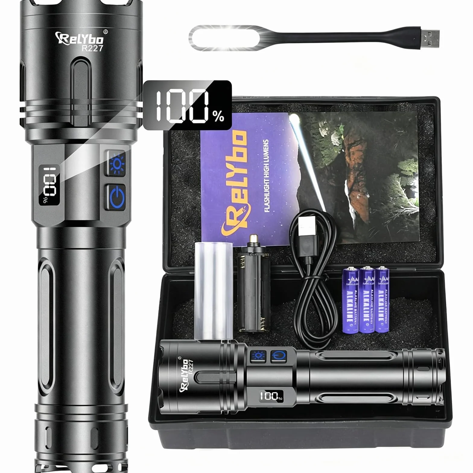 Relybo Linternas LED Alta Potencia 1,000,000 Lumen, XHM90.2 Linterna LED Recargable, Linterna Potente Tactica Pilas, 2 Interruptores VariacióN Infinita Linterna Tactica Para Emergencia Camping