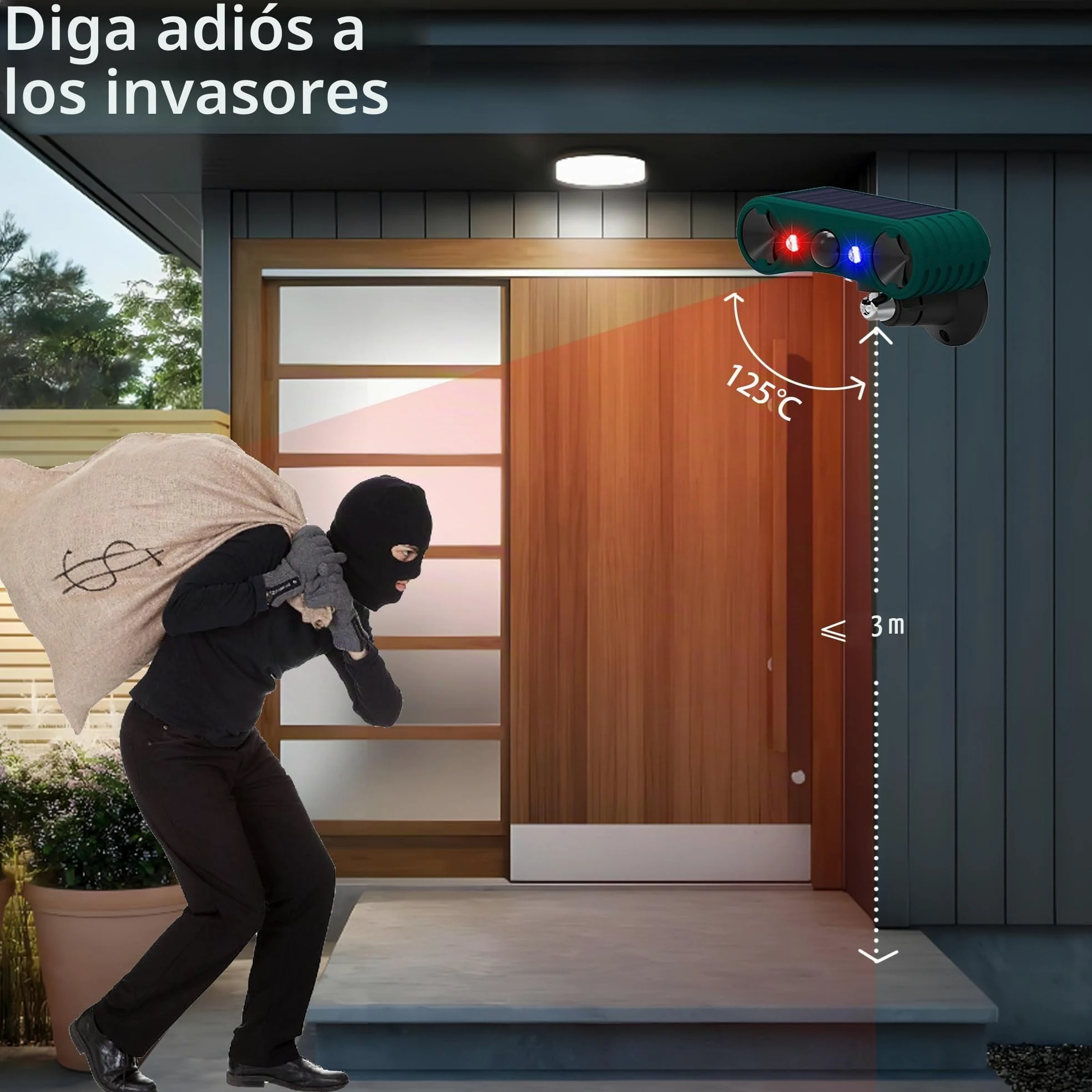 Alarma con Sensor de Movimiento Solar para Exteriores QXMH: Alarma de inducción infrarroja, 2 detectores de Movimiento para Exteriores con Sonido de 129 dB, luz roja/Azul