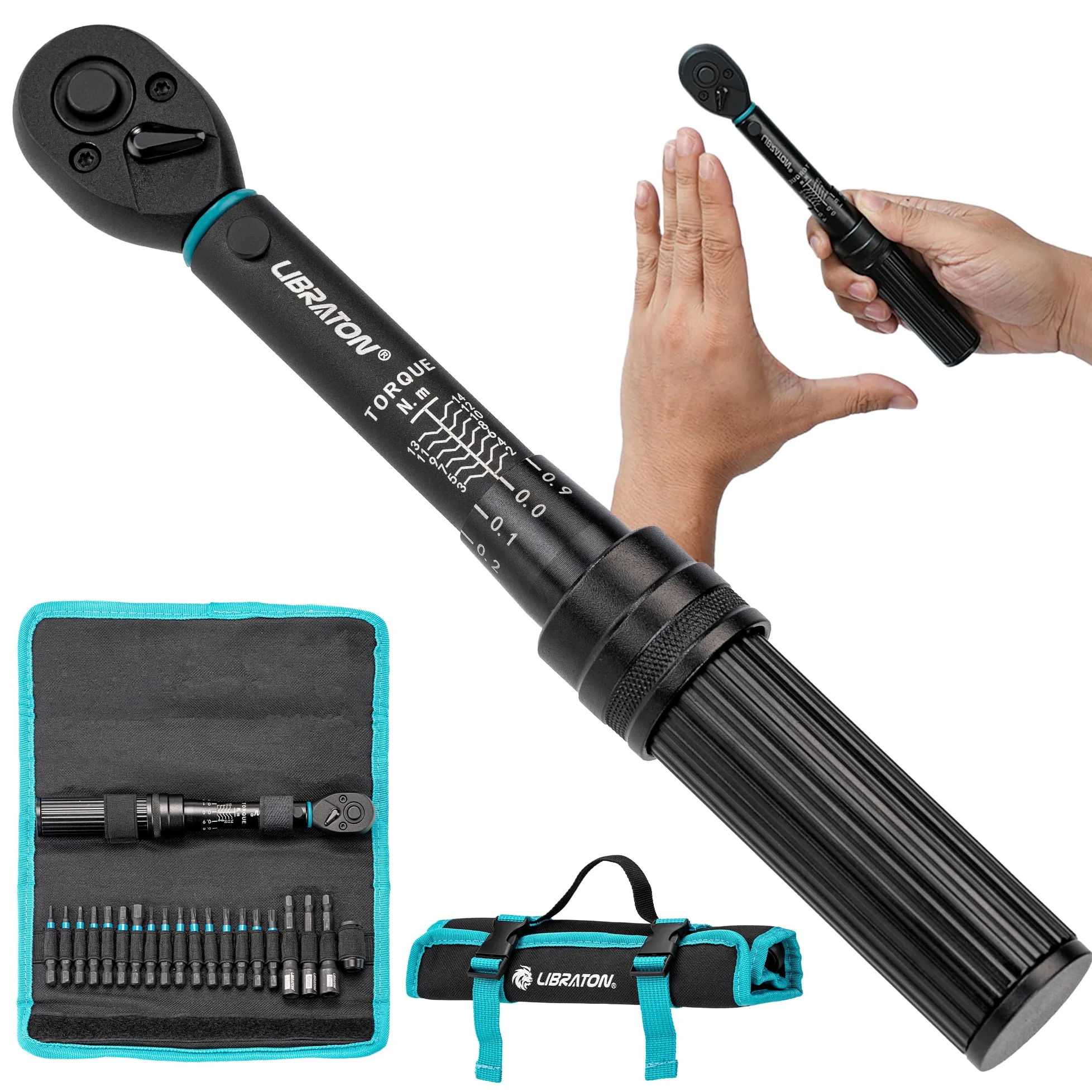 LIBRATON Llave Dinamométrica 1/4", 2-14 Nm Llave Dinamometrica Bicicleta, 72 Dientes, Micro Click de 0,1 Nm, Puntas Hex y Torx, Destornilladores de Tuercas, Adaptadores de Cuadrada a 1/4" Hex