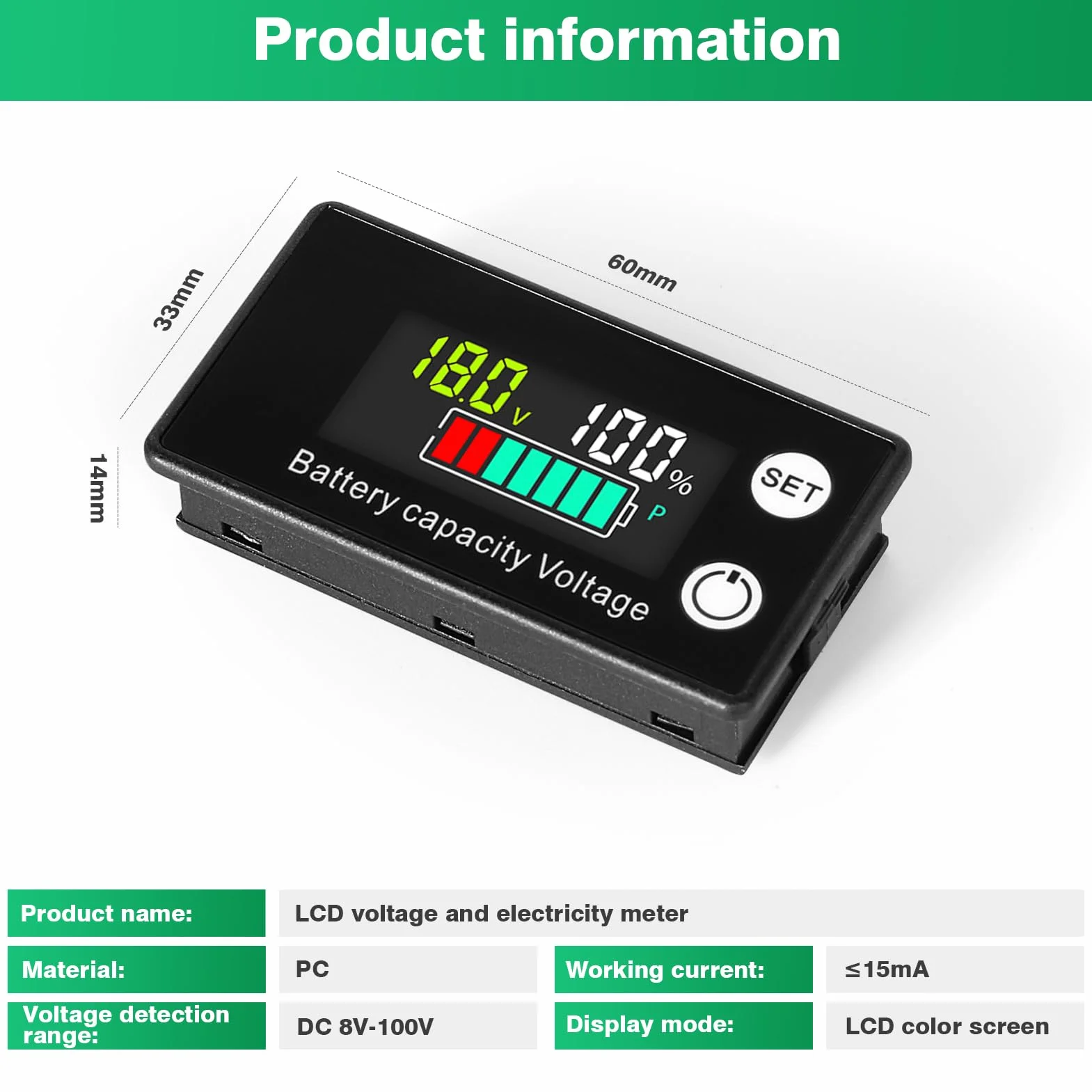 DEWIN Voltímetro Digital, Monitor de Capacidad de Batería LCD Medidor de Voltaje de Nivel de Batería con Alarma para Automóviles y Barcos DC 8V-100V Probador para Li-ion Lifepo4, plomo y ácido