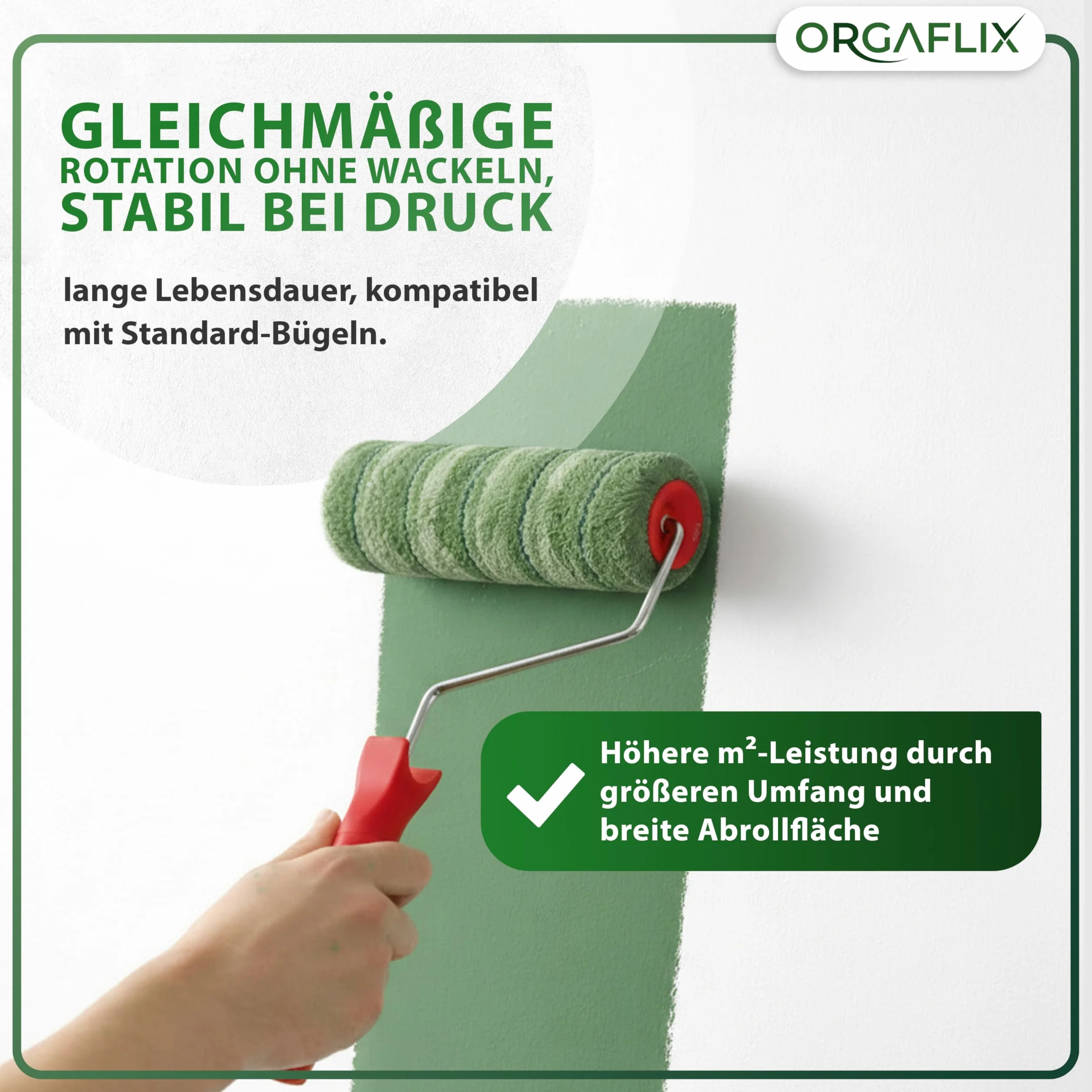 ORGAFLIX Rodillo de pintura profesional de 25 cm, 2 unidades, ideal para absorción y dispensación de color, altura de pelo aprox. 9 mm, núcleo de 48 mm, rodillo de pintura para pared, rodillo grande,