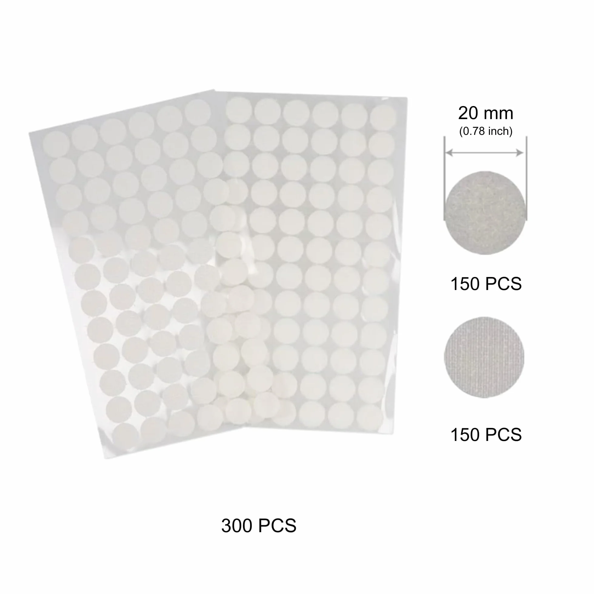 300 Piezas de Puntos Redondos blancos de 20mm, Pegatinas Redondas, 150 Pares de Gancho y Bucle Autoadhesivos, doble cara, para bricolaje, manualidades, uso escolar y doméstico