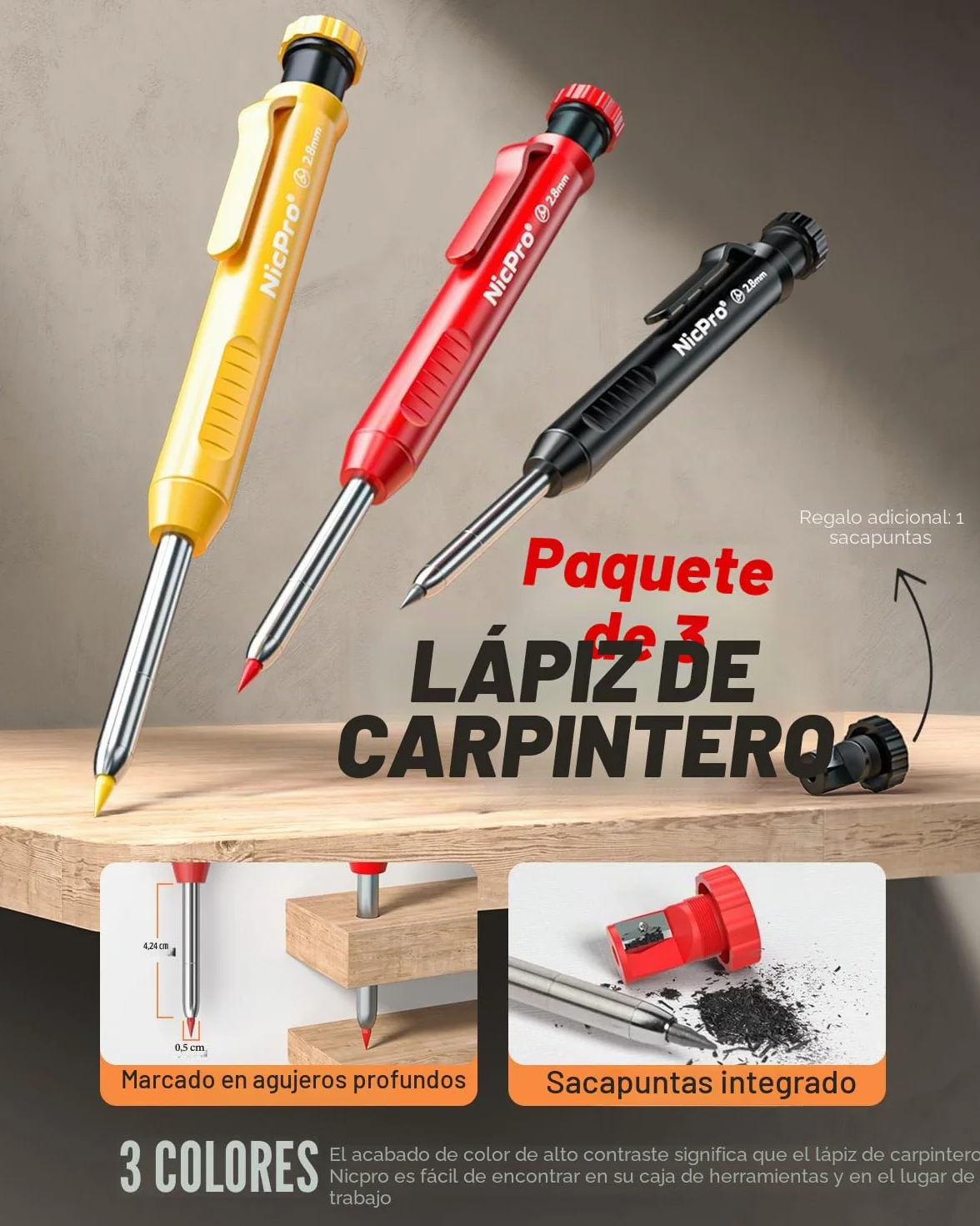 Nicpro 16 lápices mecánicos de carpintero con 42 recargas y herramienta de carburo, marcadores de agujero profundo, lápices de construcción para carpintería resistente
