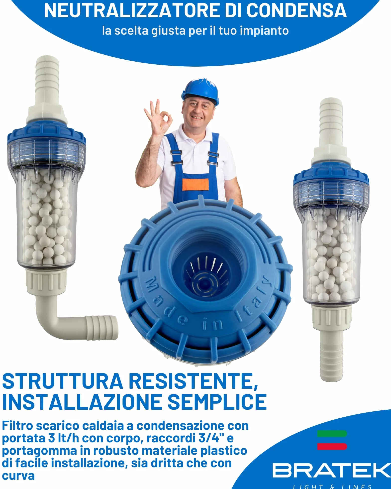 Bratek Filtro neutralizador de condensación de caldera – Filtro neutralizador de condensación ácida para caldera de condensación de hasta 35 kW – Neutraliza la acidez haciendo que el pH vuelva a los