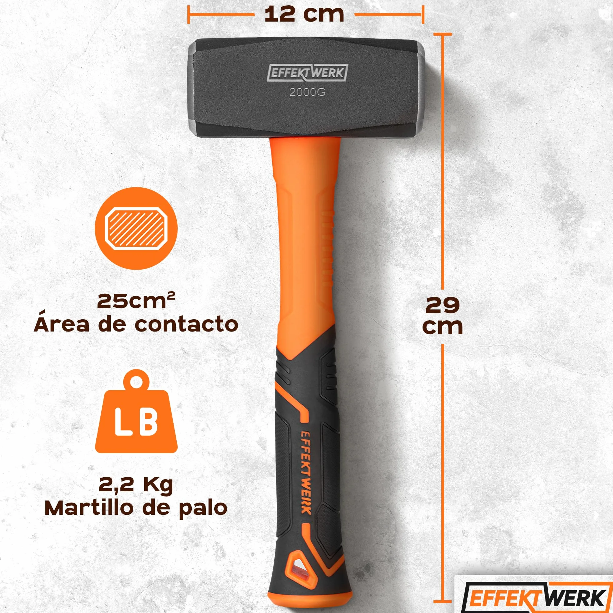 Mazo - 2 kg / 4,4 lb - Mazo pequeño con mango de fibra de vidrio de 24 cm y cabeza de acero forjado para trabajos de demolición