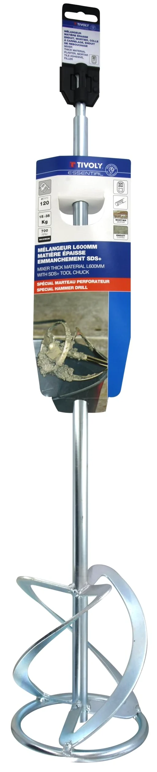 TIVOLY – Mezclador de materiales gruesos SDS+ para perforador, 600 mm, diámetro de 120 mm, varilla de acero al carbono, resistente y eficaz