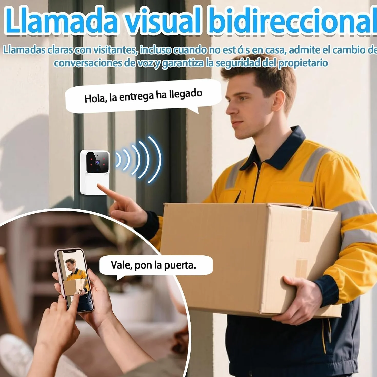 Timbre Videoportero Inalámbrico con Cámara HD1080P,Resistente al Agua,Visióm Nocturna,Videocitofono WiFi,Intercomunicador Bidireccional, Control De Aplicaciones, Instalación Inalámbrica (Small)