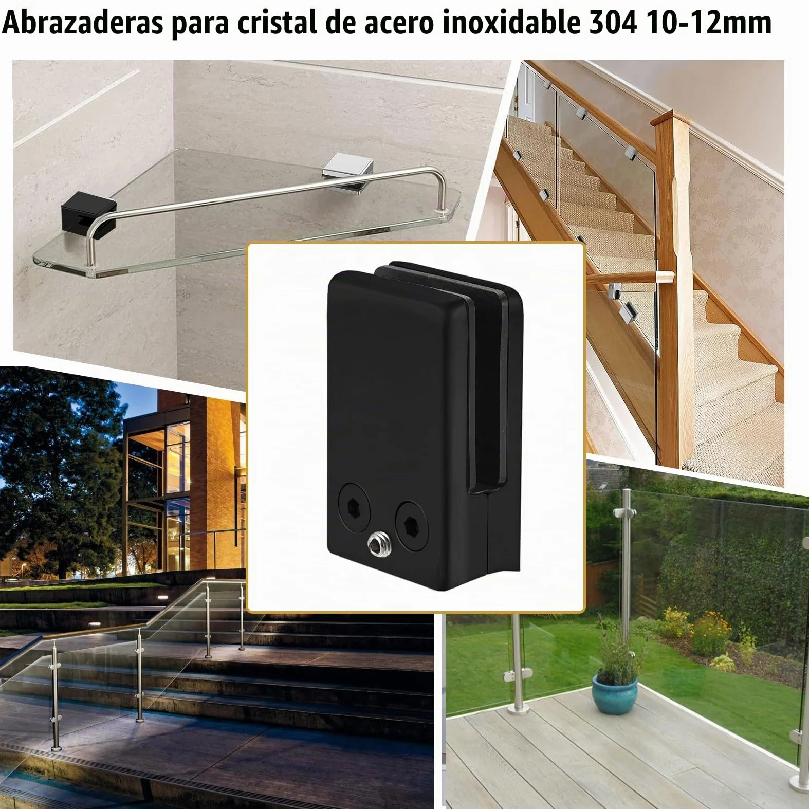 Abrazadera de Cristal 10-12mm Abrazadera de Vidrio Abrazadera de Clip de Vidrio para Baranda Barandilla de Escalera Pasamanos 6 Piezas Negro