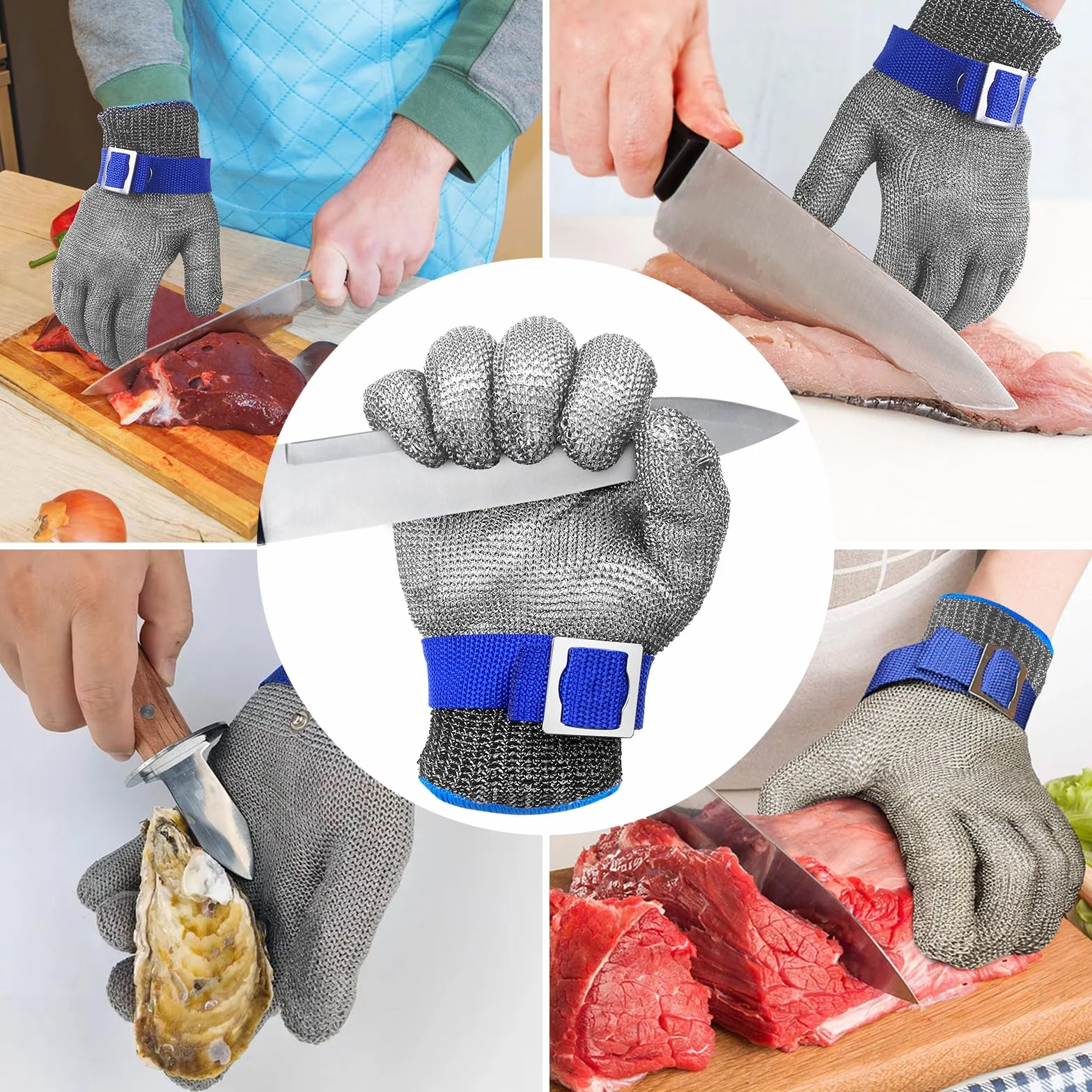 Brevanza Guante Anticorte Nivel 9 Malla Acero Inoxidable para Carnicero Chainmail Cocina Cadena Metal Pelar Ostricos Corte Carne Madera (L)