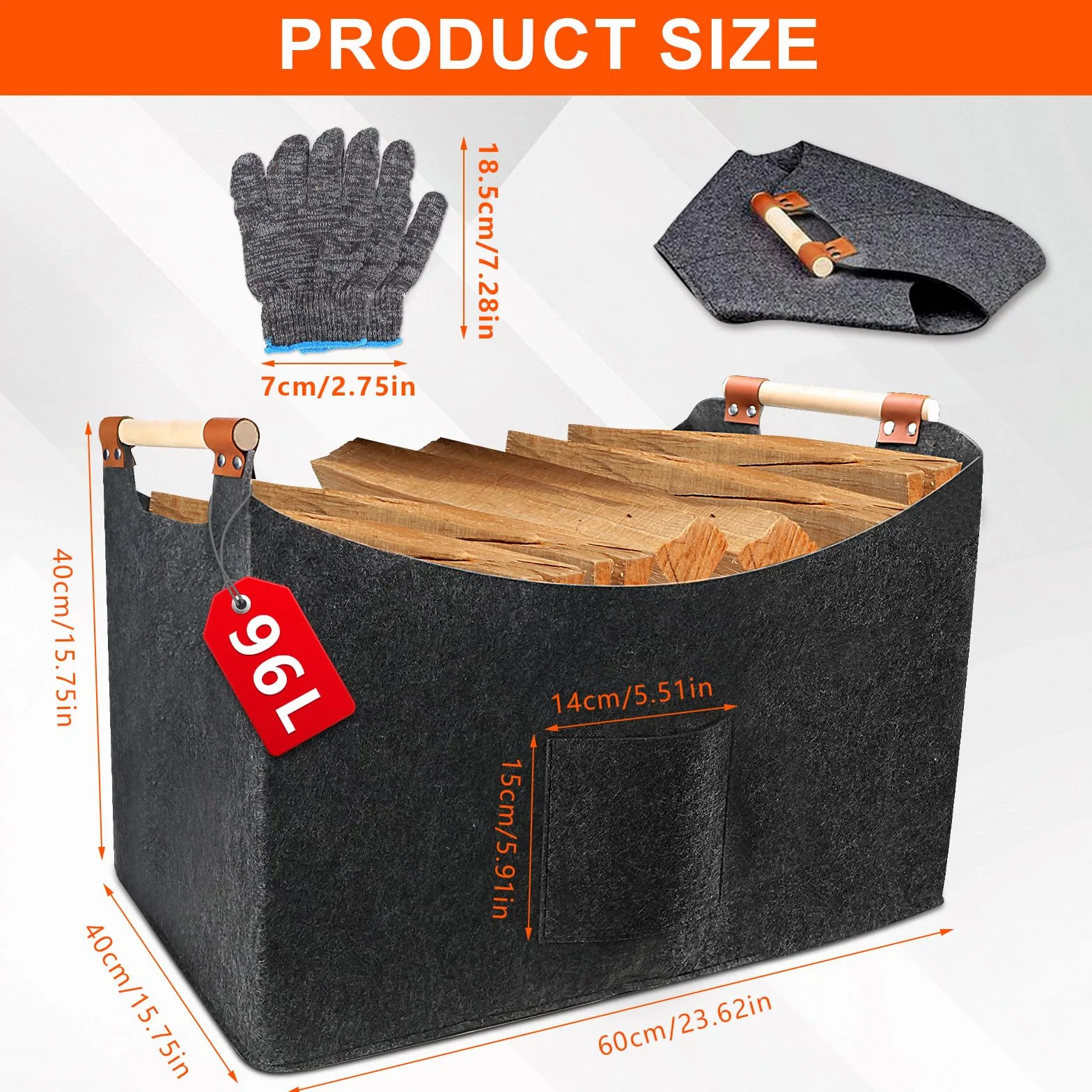 Cesta de madera de fieltro XXL (96 L, 60 x 40 x 40 cm), para leña grande, fieltro extragrueso, cesta plegable, con mango de madera y guantes